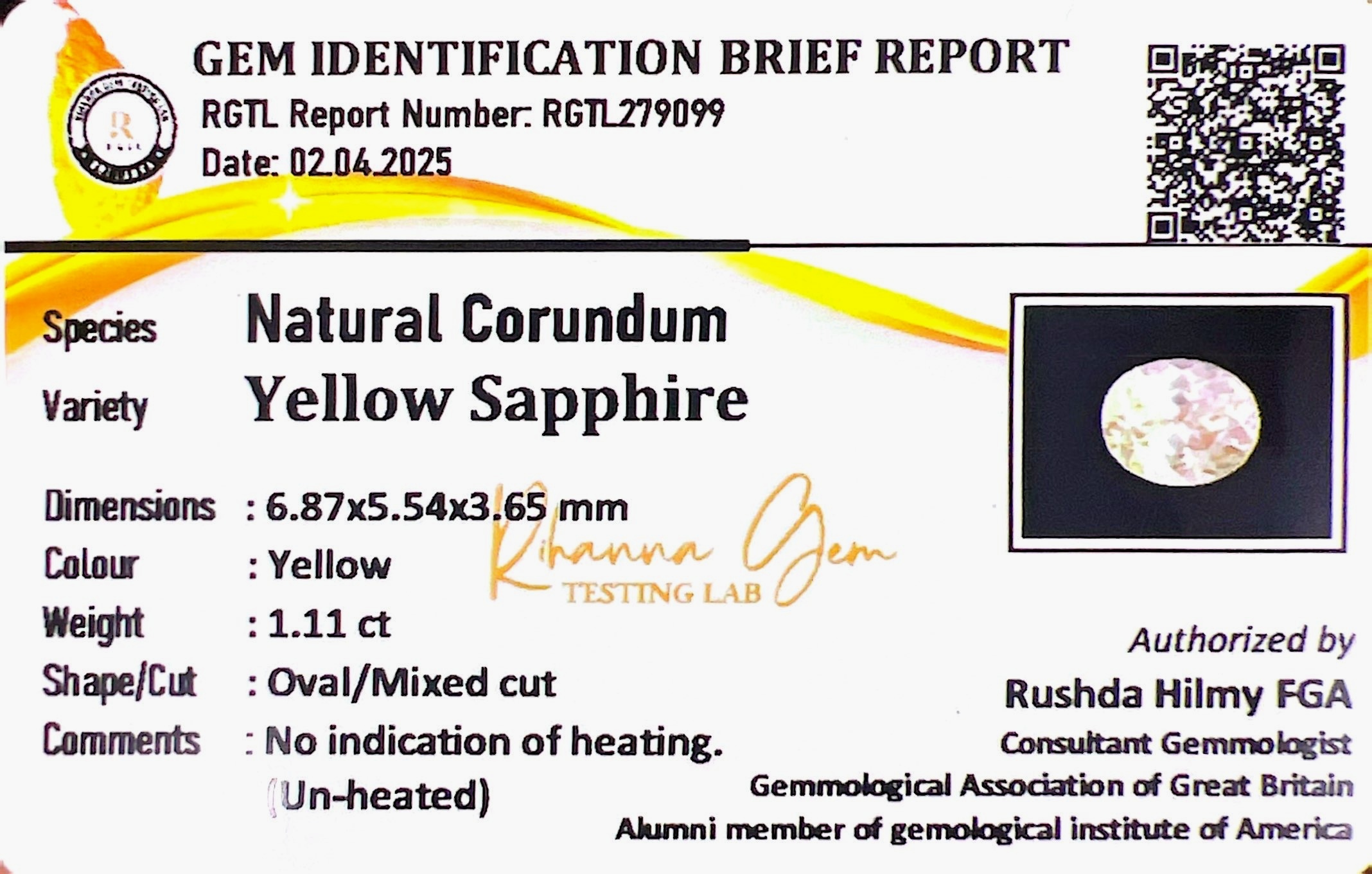 1.12 Ct. Yellow Sapphire from Ceylon (Sri Lanka)
