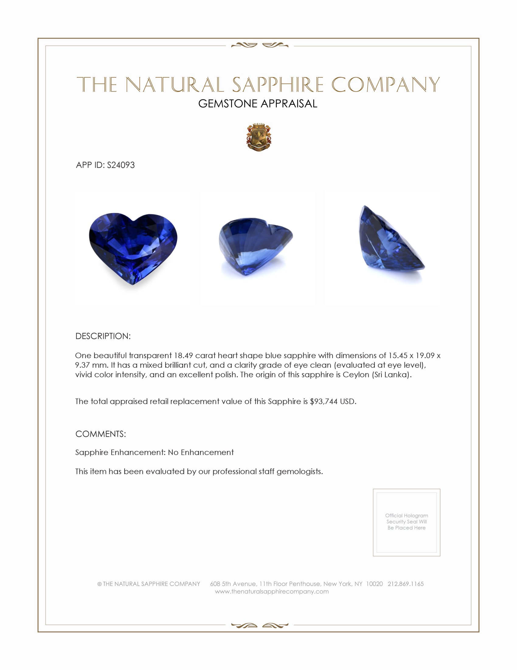 18.49 Ct. Blue Sapphire from Ceylon (Sri Lanka)