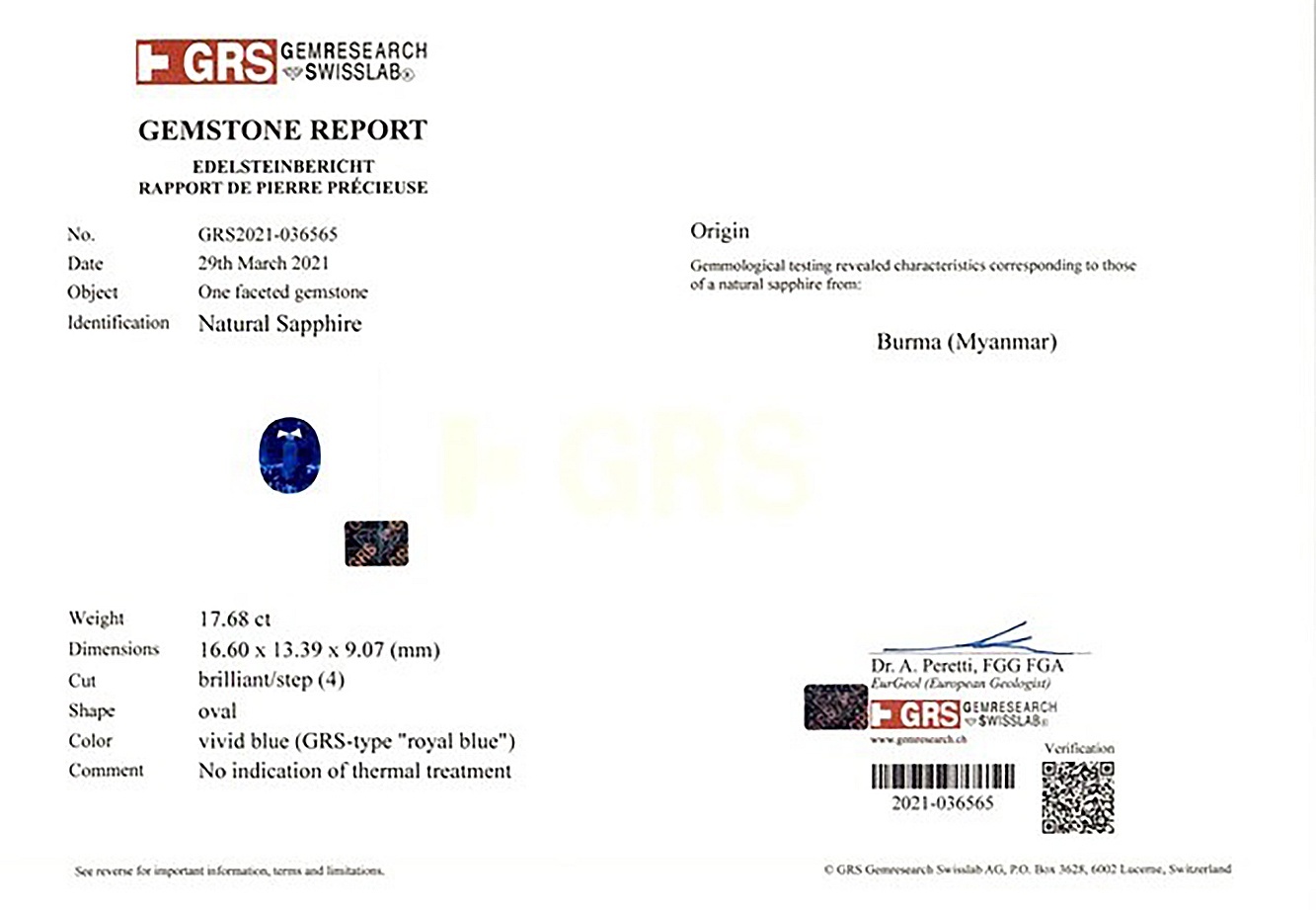 17.68 Ct. Blue Sapphire from Burma (Myanmar)