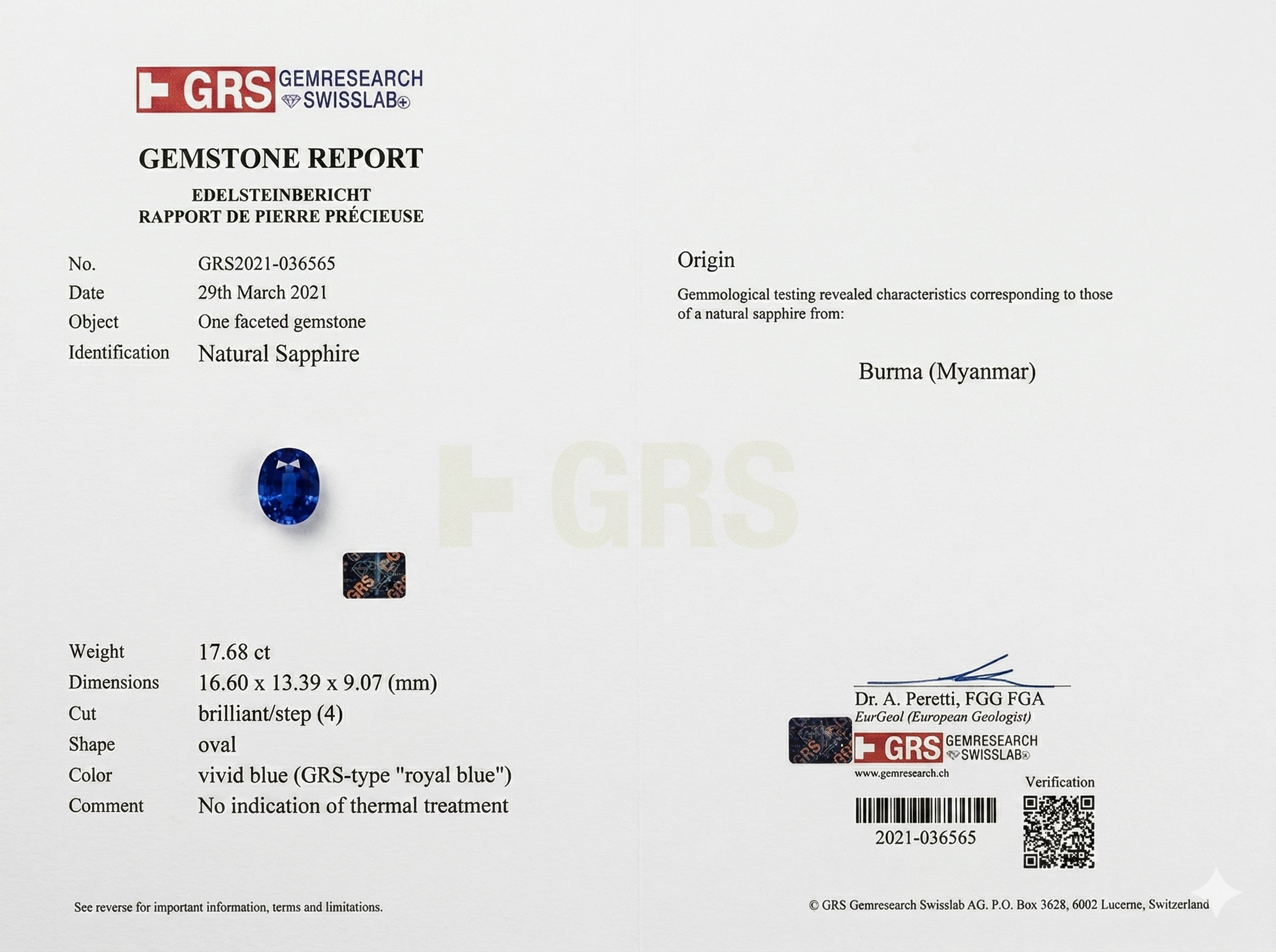 17.68 Ct. Blue Sapphire from Burma (Myanmar)