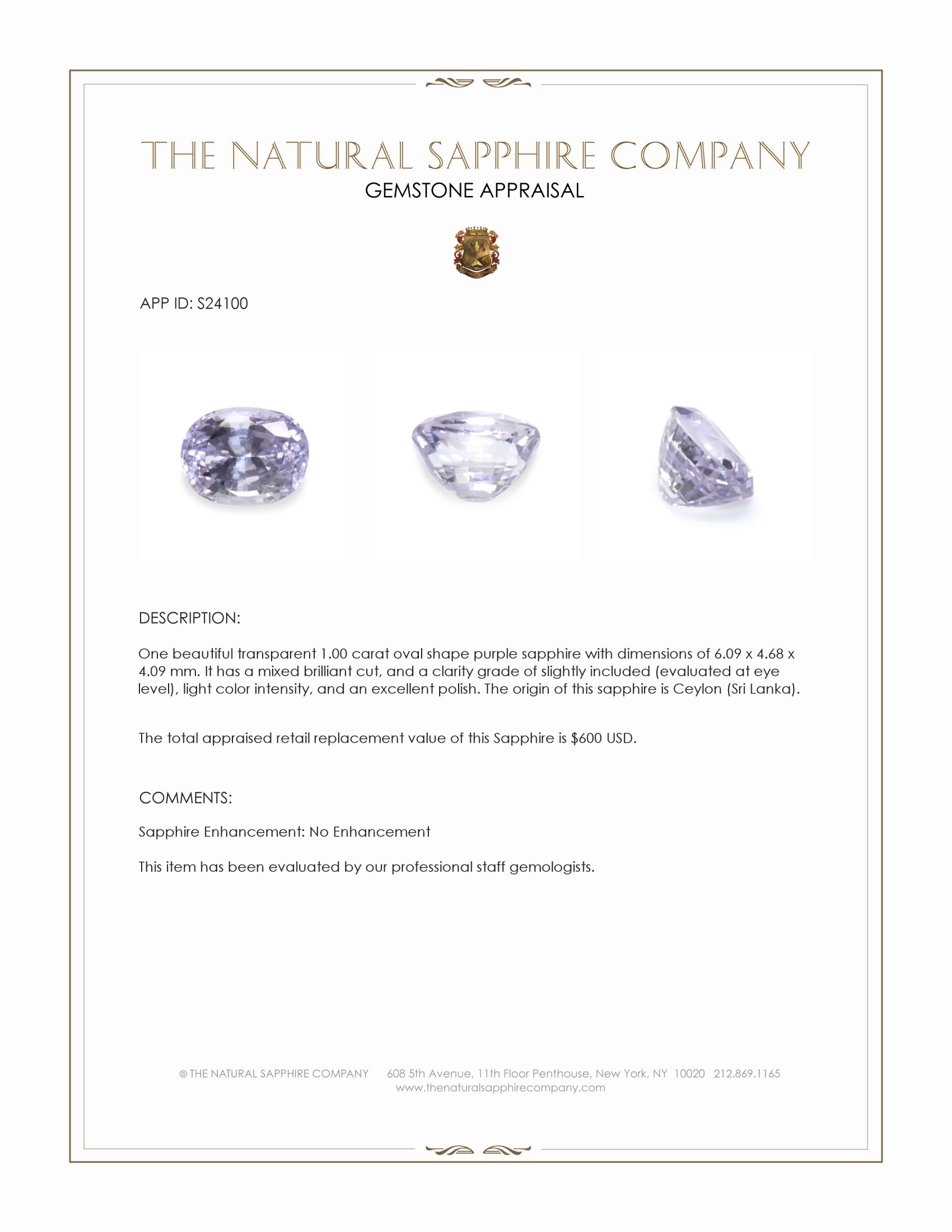 1.00 Ct. Purple Sapphire from Ceylon (Sri Lanka)