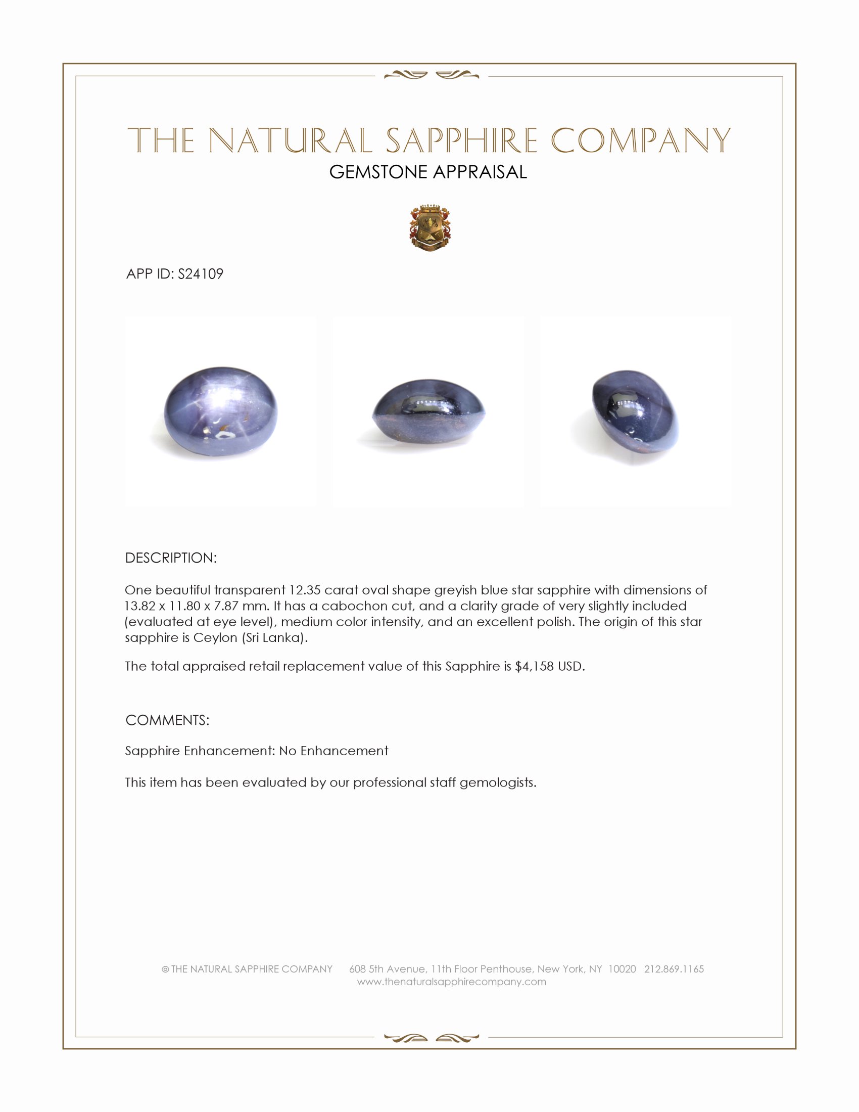 12.35 Ct. Greyish Blue Star Sapphire from Ceylon (Sri Lanka)