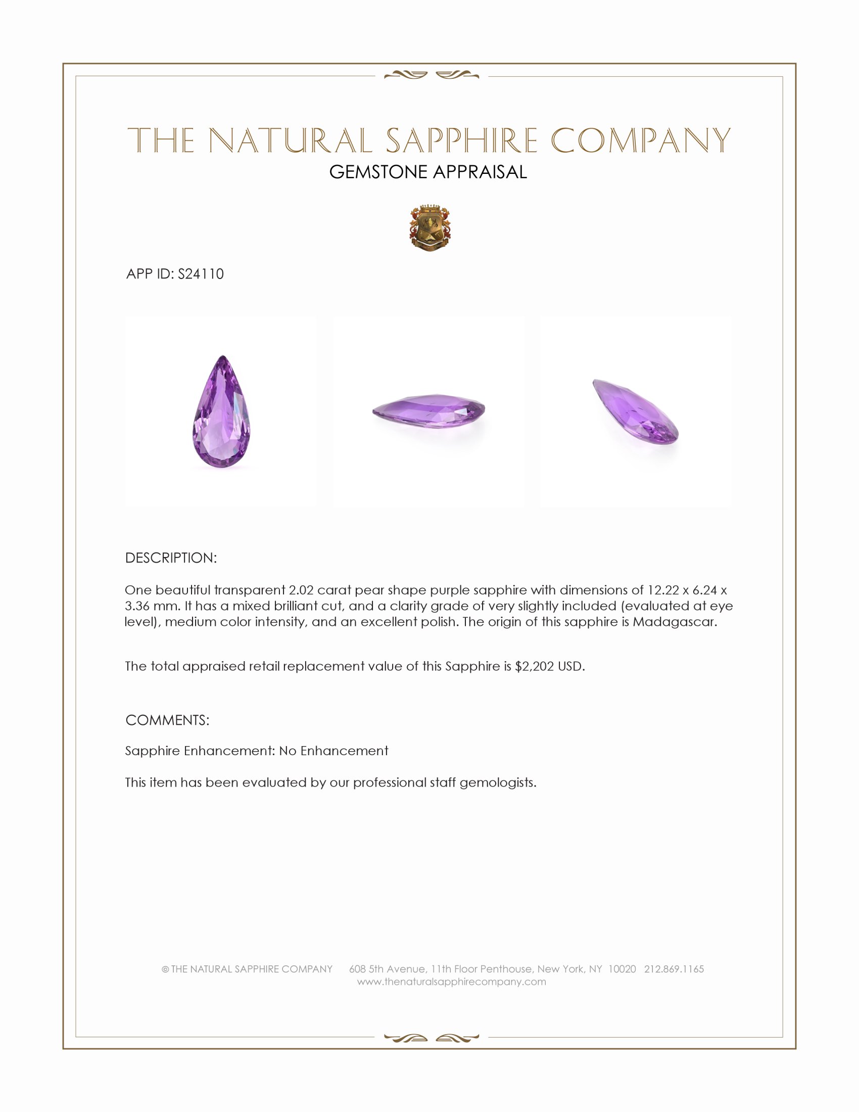 2.02 Ct. Purple Sapphire from Madagascar
