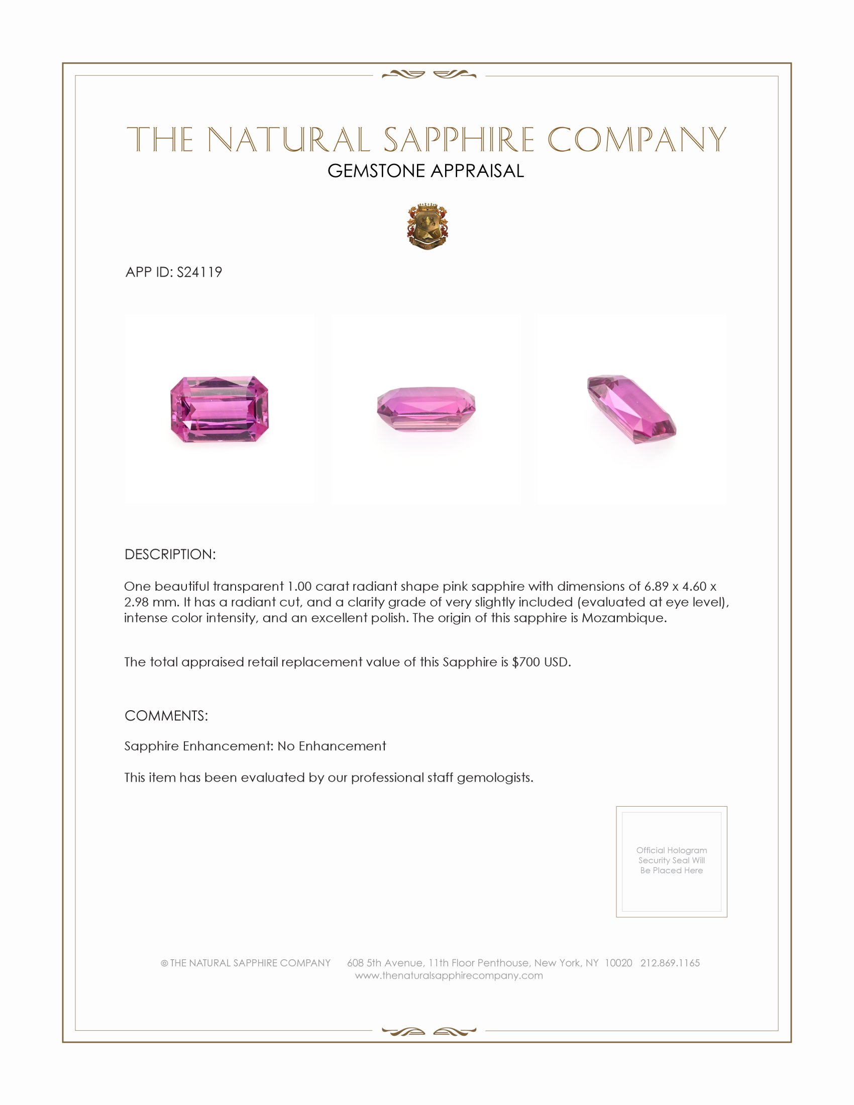 1.00 Ct. Pink Sapphire from Mozambique