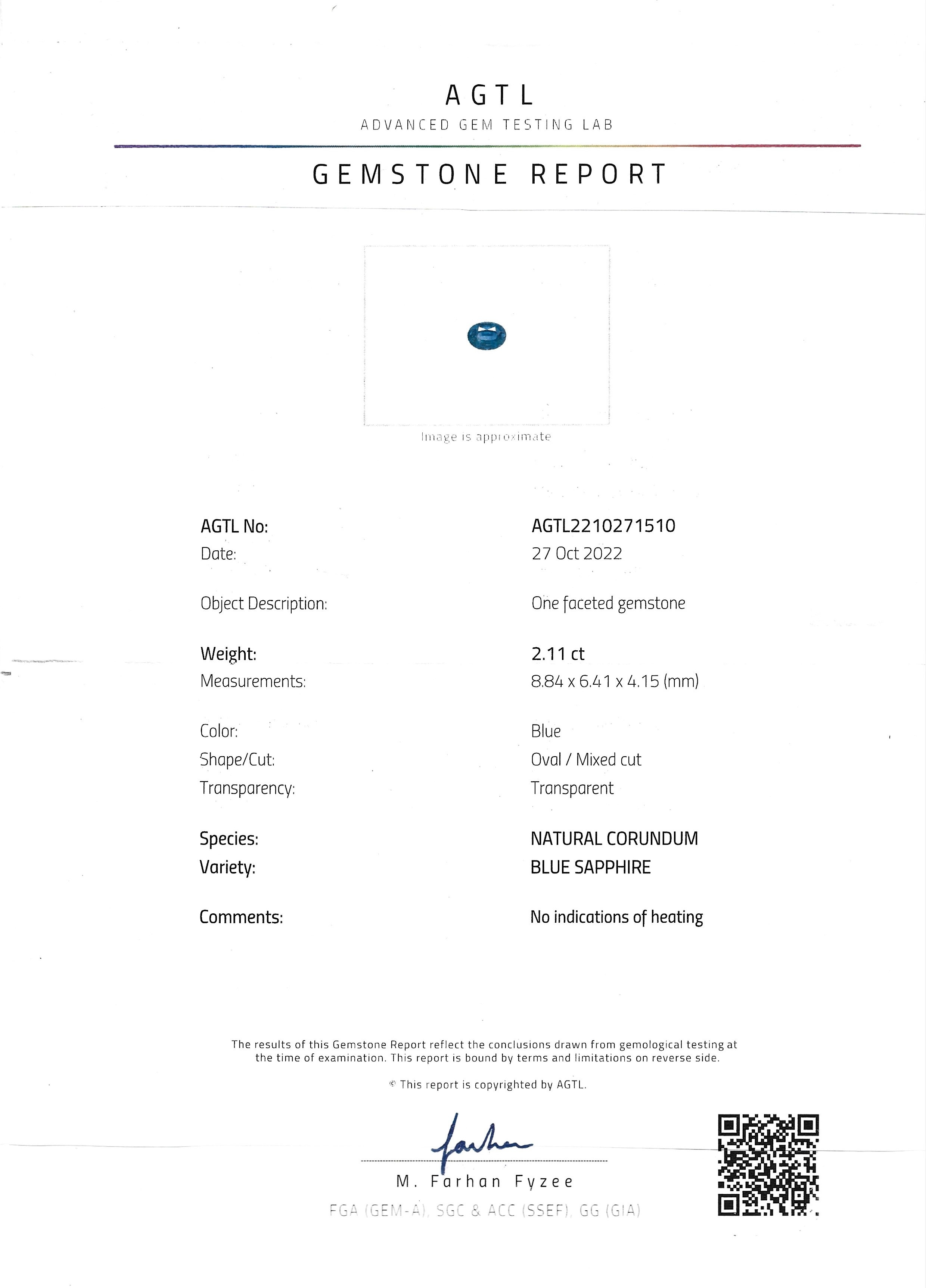 2.11 Ct. Blue Sapphire from Ceylon (Sri Lanka)