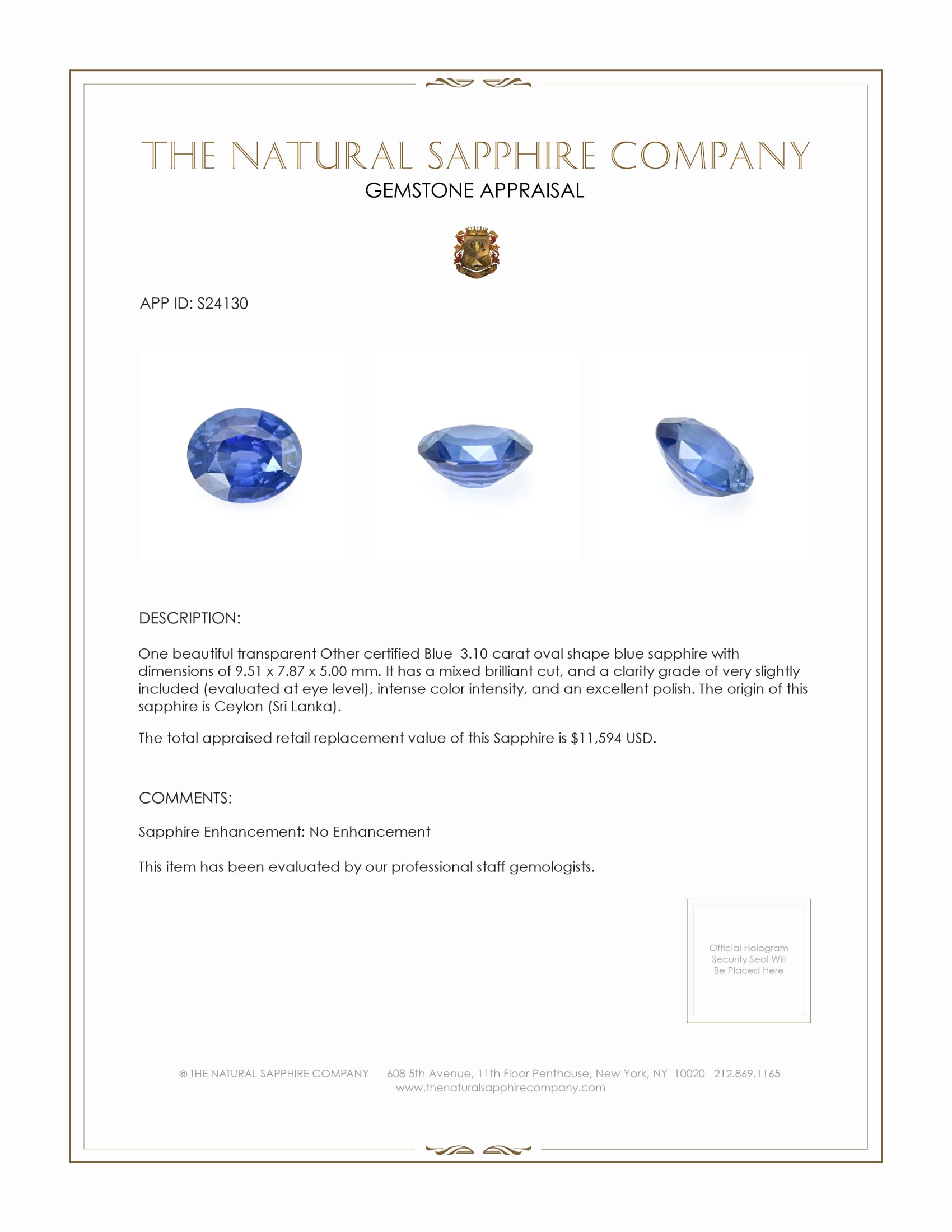 3.10 Ct. Blue Sapphire from Ceylon (Sri Lanka)