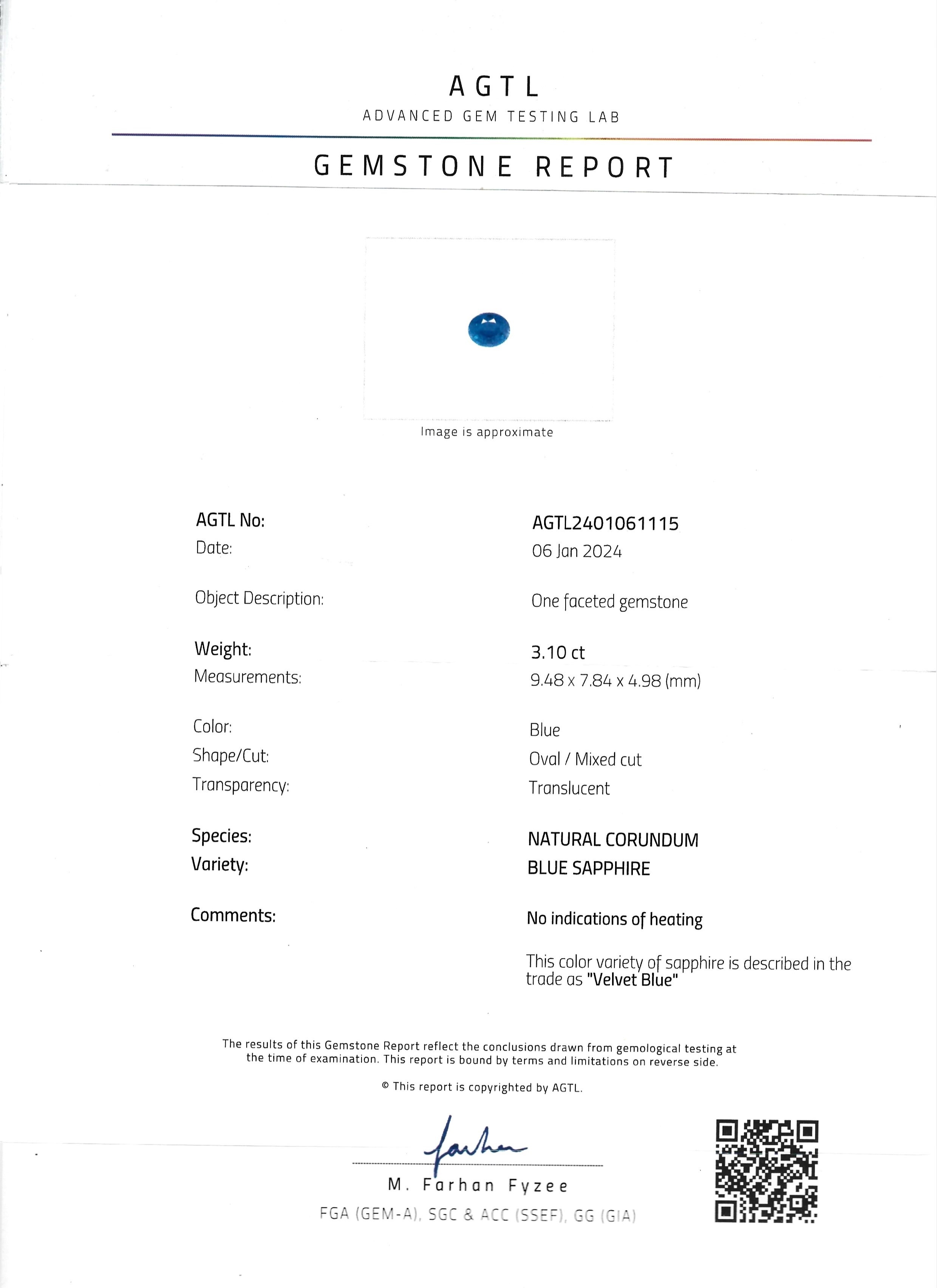 3.10 Ct. Blue Sapphire from Ceylon (Sri Lanka)