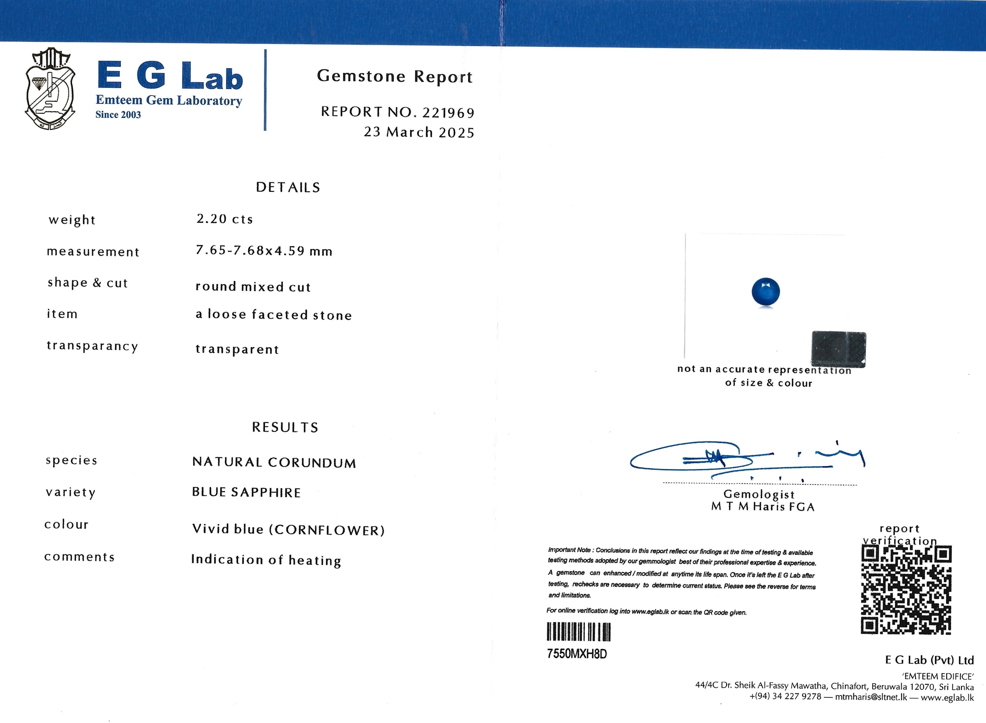 2.20 Ct. Blue Sapphire from Ceylon (Sri Lanka)