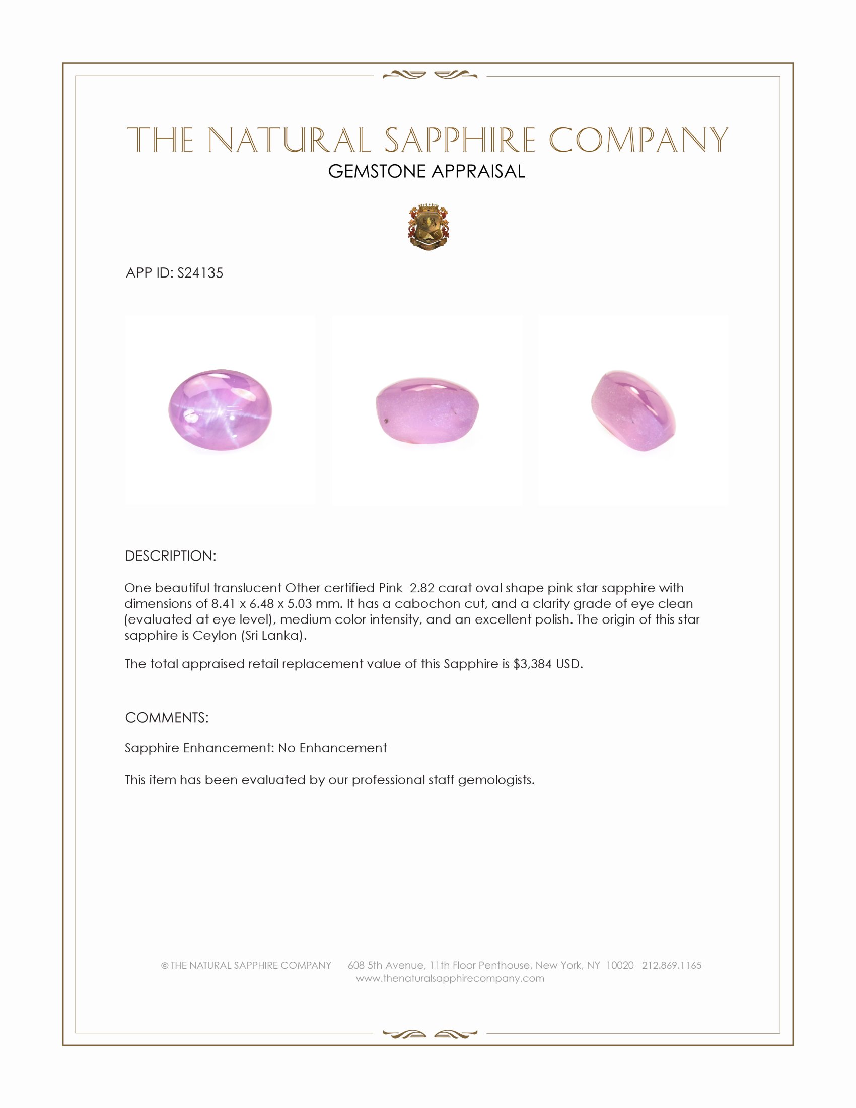 2.82 Ct. Pink Star Sapphire from Ceylon (Sri Lanka)