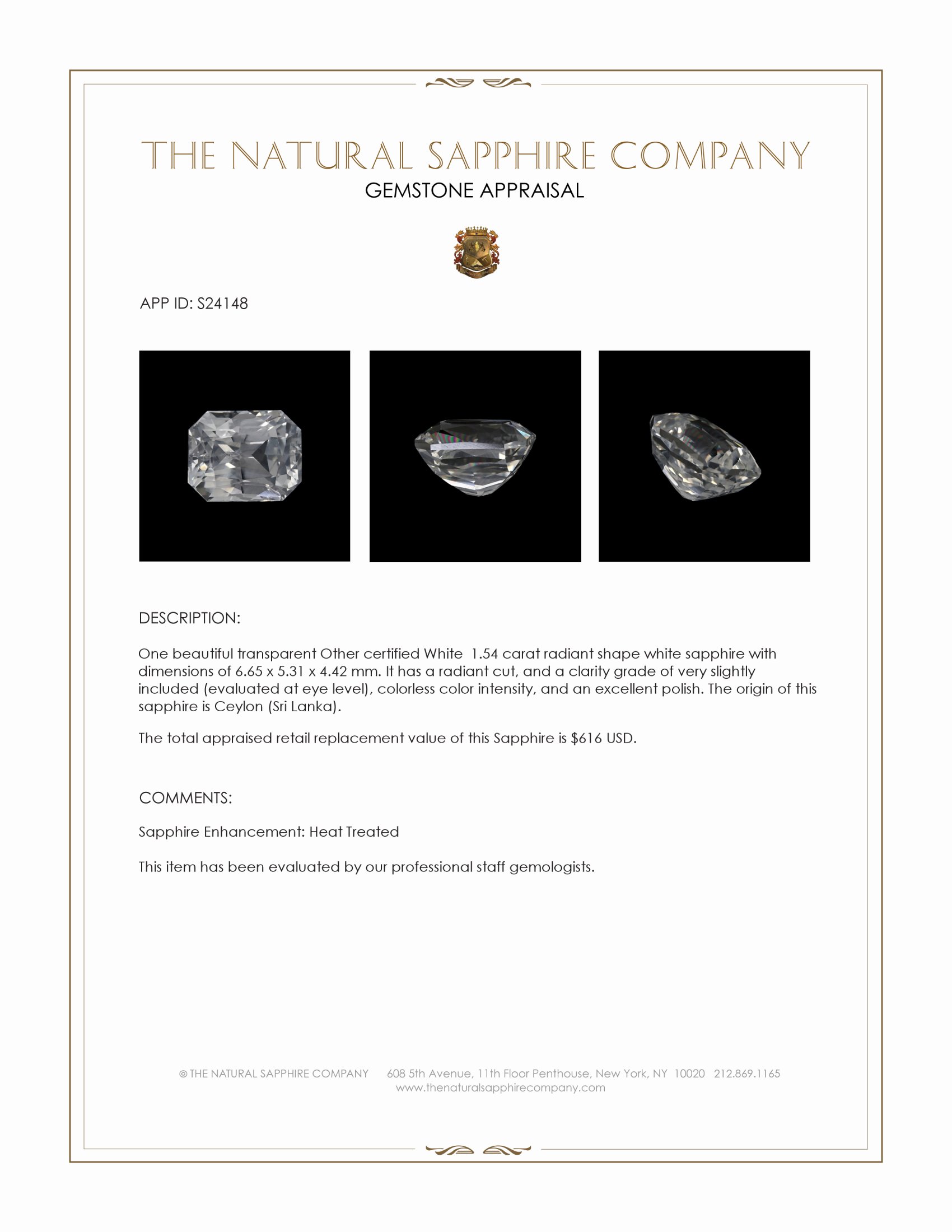 1.54 Ct. White Sapphire from Ceylon (Sri Lanka)