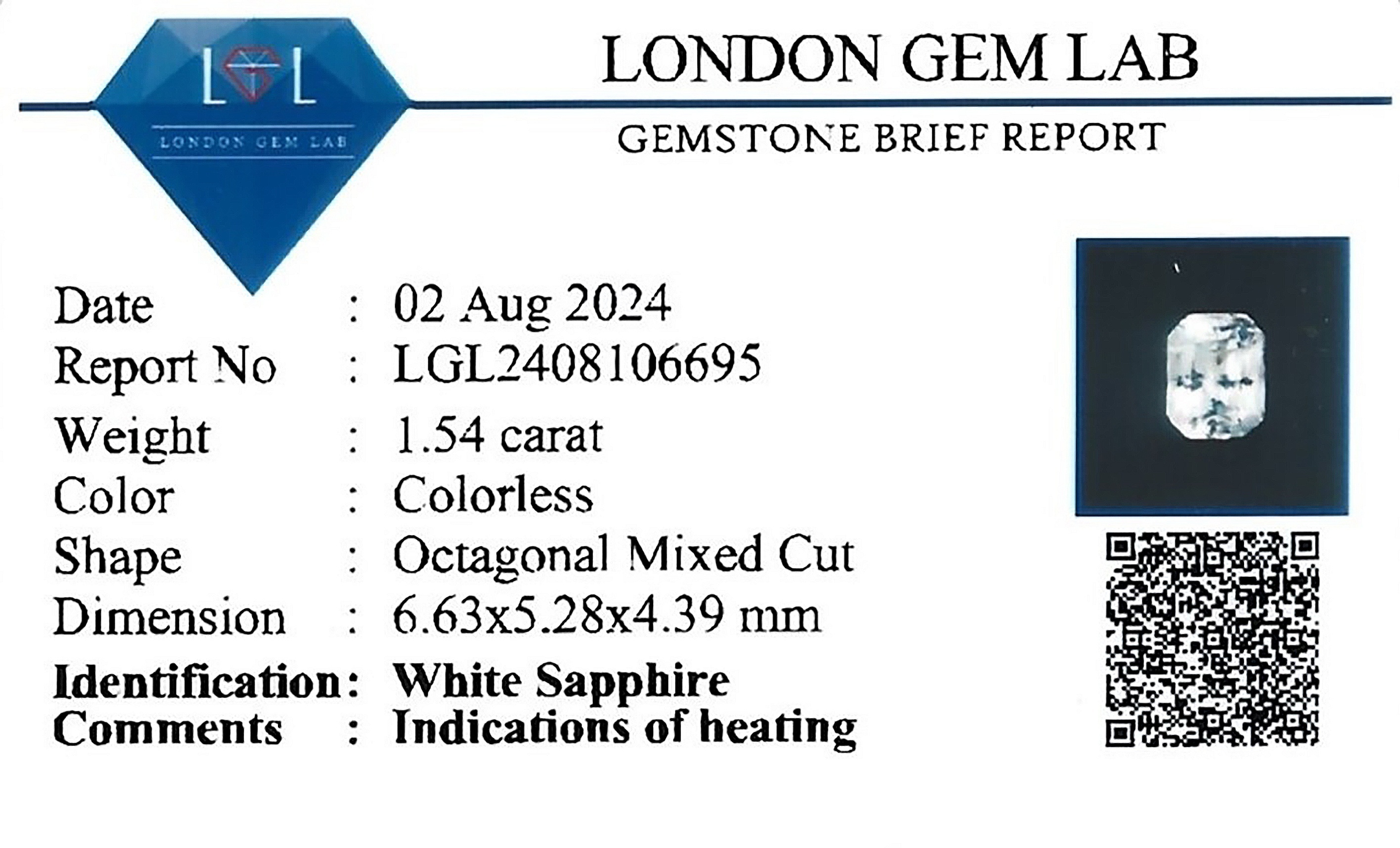 1.54 Ct. White Sapphire from Ceylon (Sri Lanka)