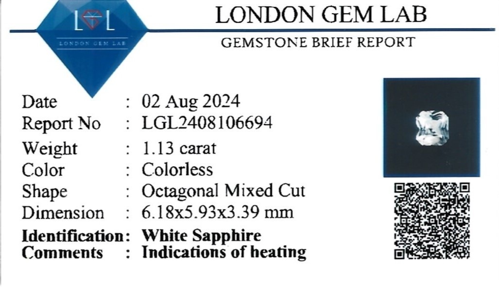 1.13 Ct. White Sapphire from Ceylon (Sri Lanka)