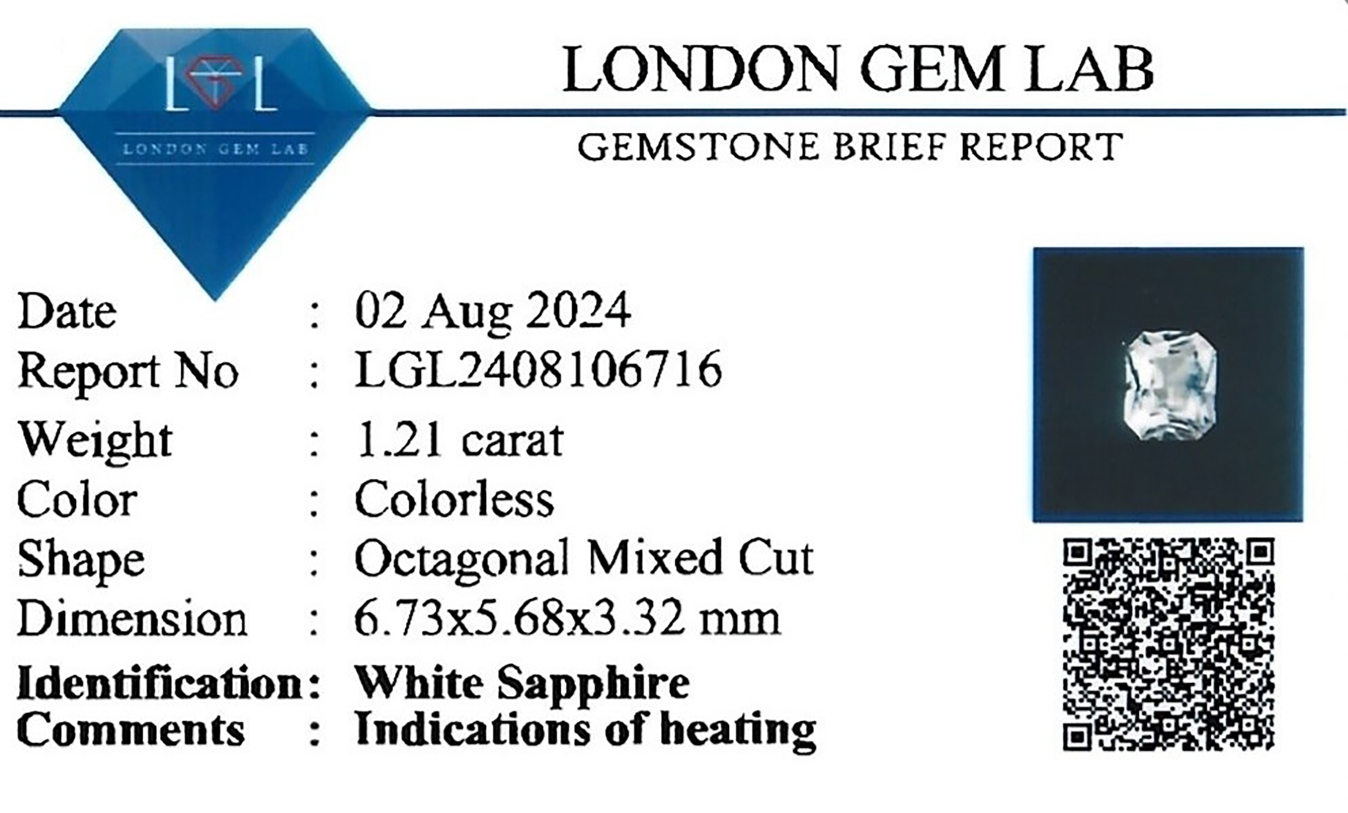 1.21 Ct. White Sapphire from Ceylon (Sri Lanka)