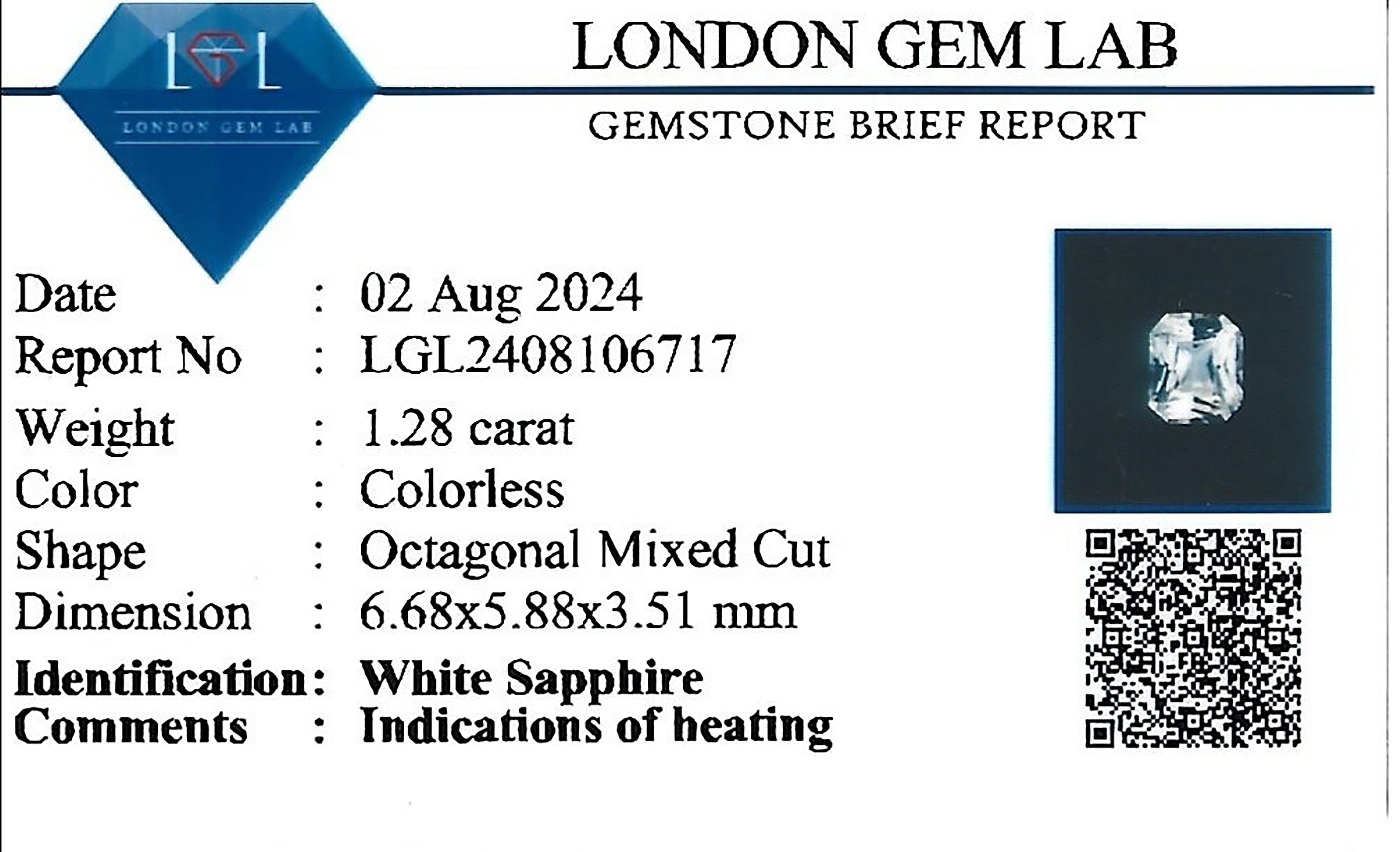 1.28 Ct. White Sapphire from Ceylon (Sri Lanka)