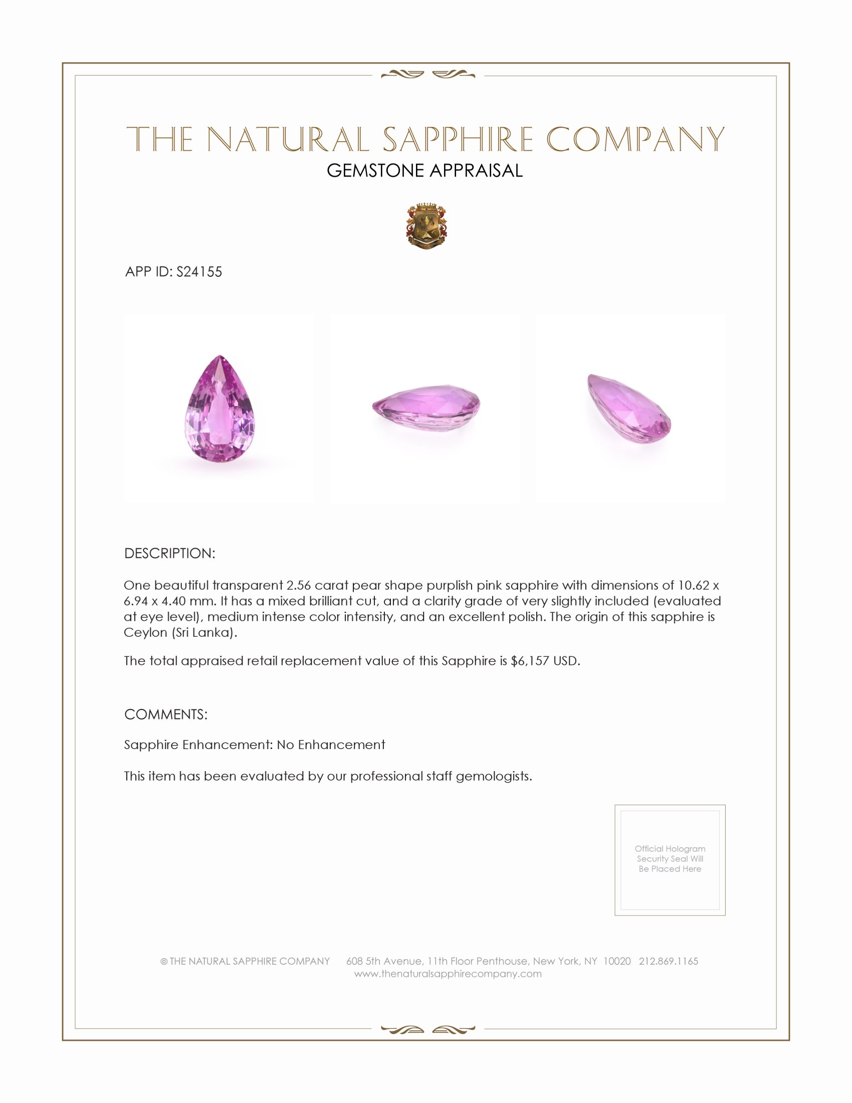 2.57 Ct. Purplish Pink Sapphire from Ceylon (Sri Lanka)