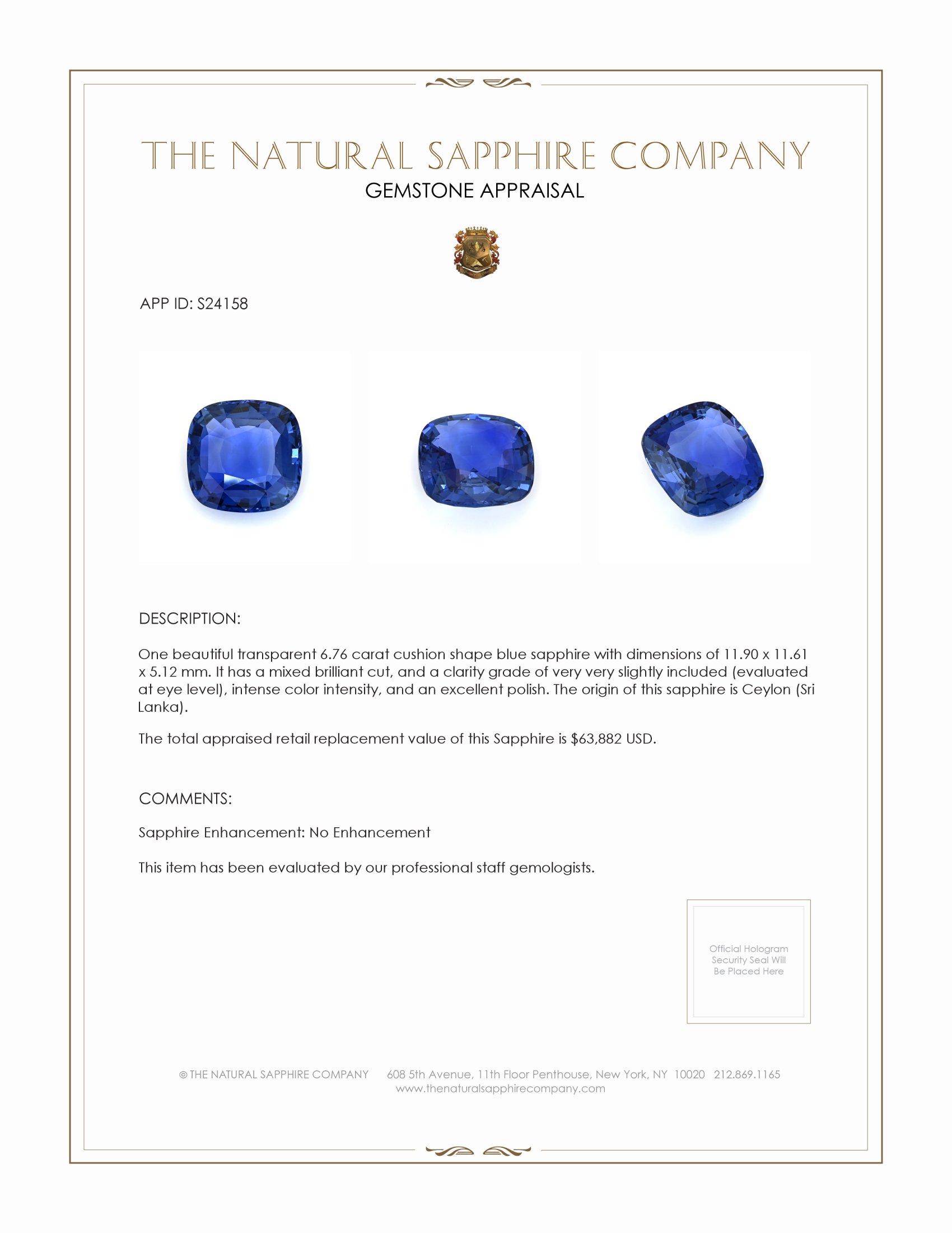 6.76 Ct. Blue Sapphire from Ceylon (Sri Lanka)