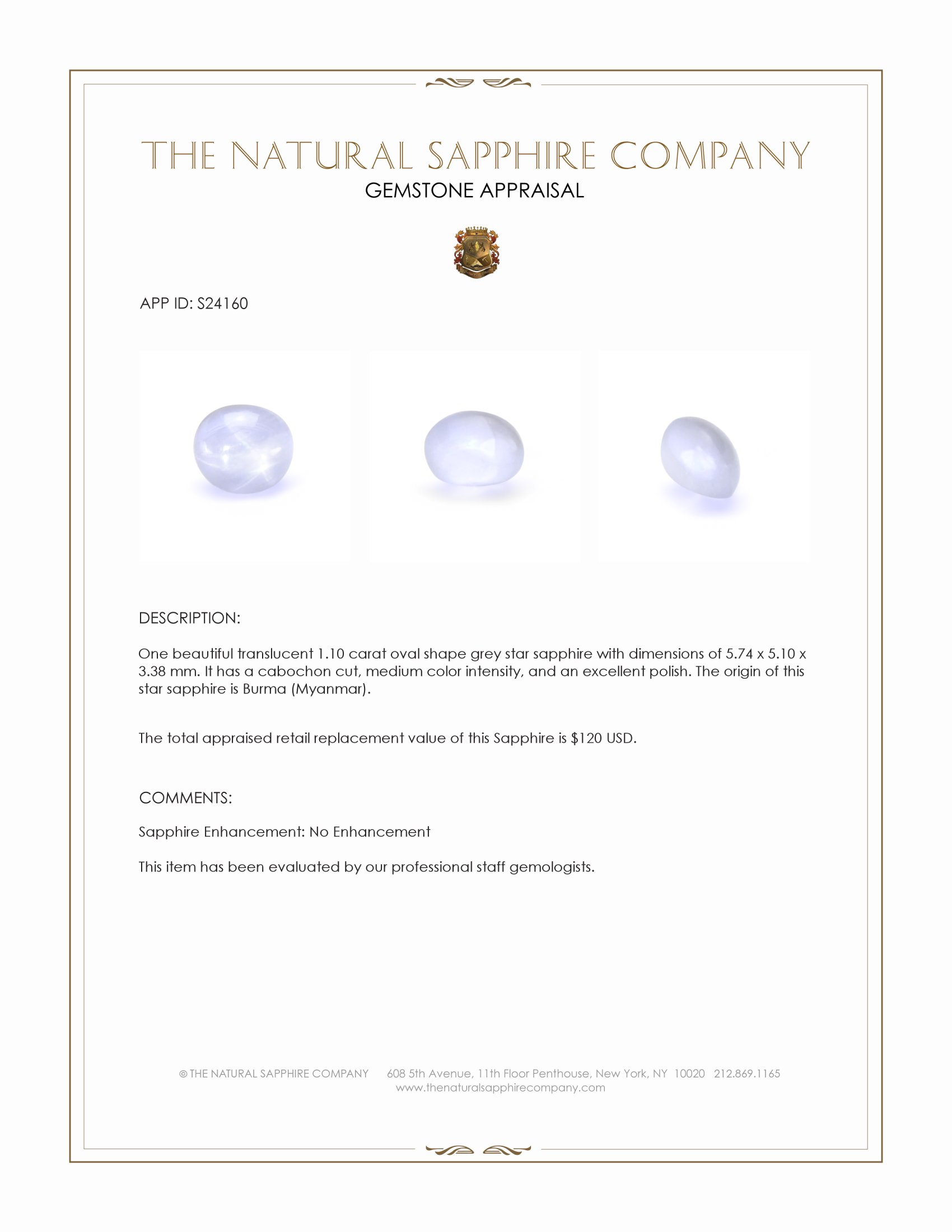 1.10 Ct. Grey Star Sapphire from Burma (Myanmar)