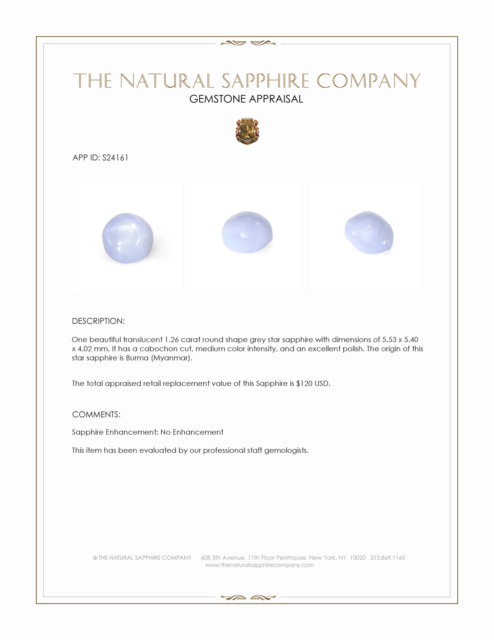 1.26 Ct. Grey Star Sapphire from Burma (Myanmar)