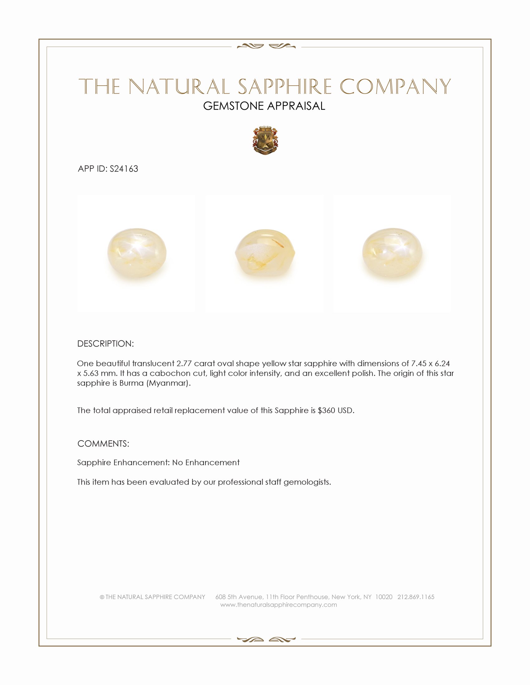 2.77 Ct. Yellow Star Sapphire from Burma (Myanmar)