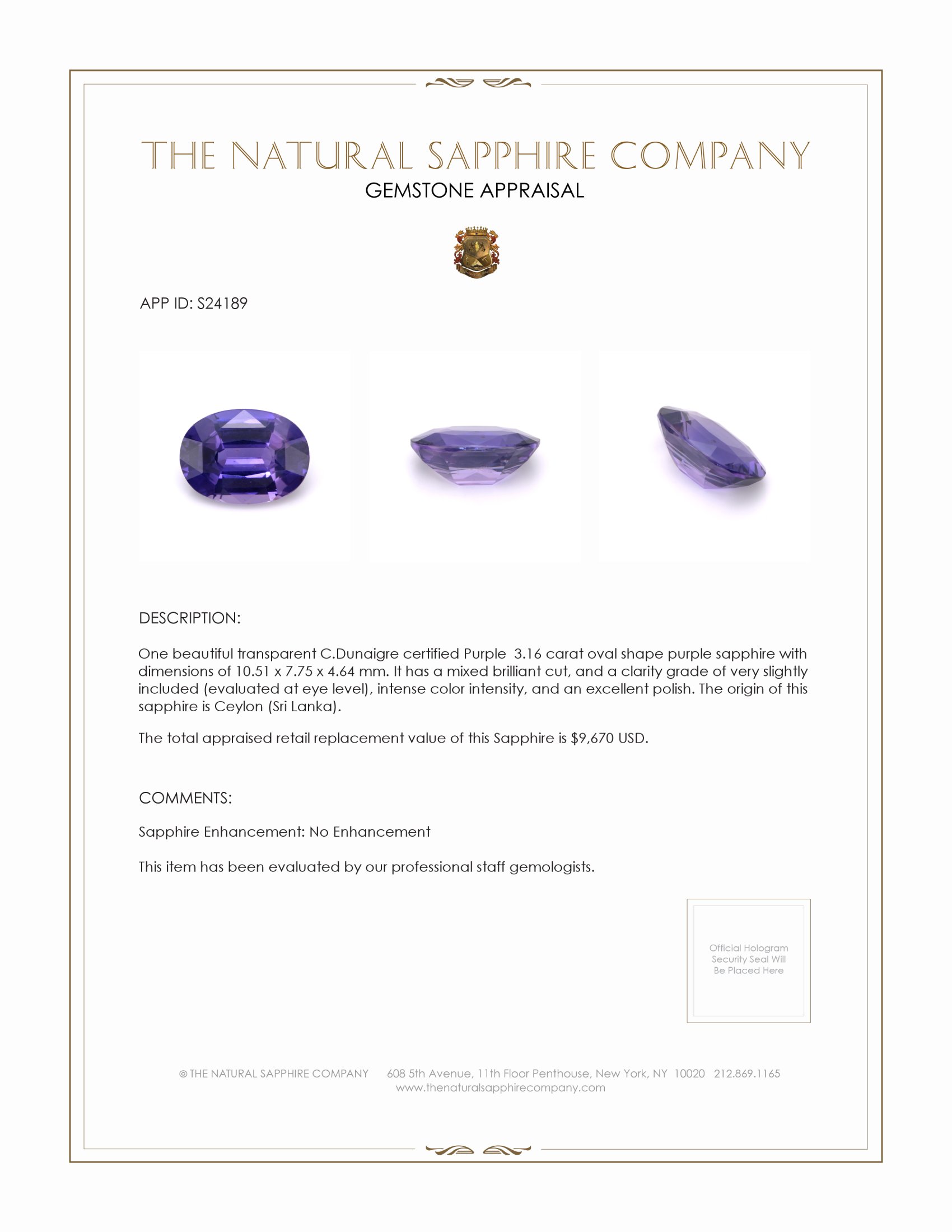 3.16 Ct. Purple Sapphire from Ceylon (Sri Lanka)