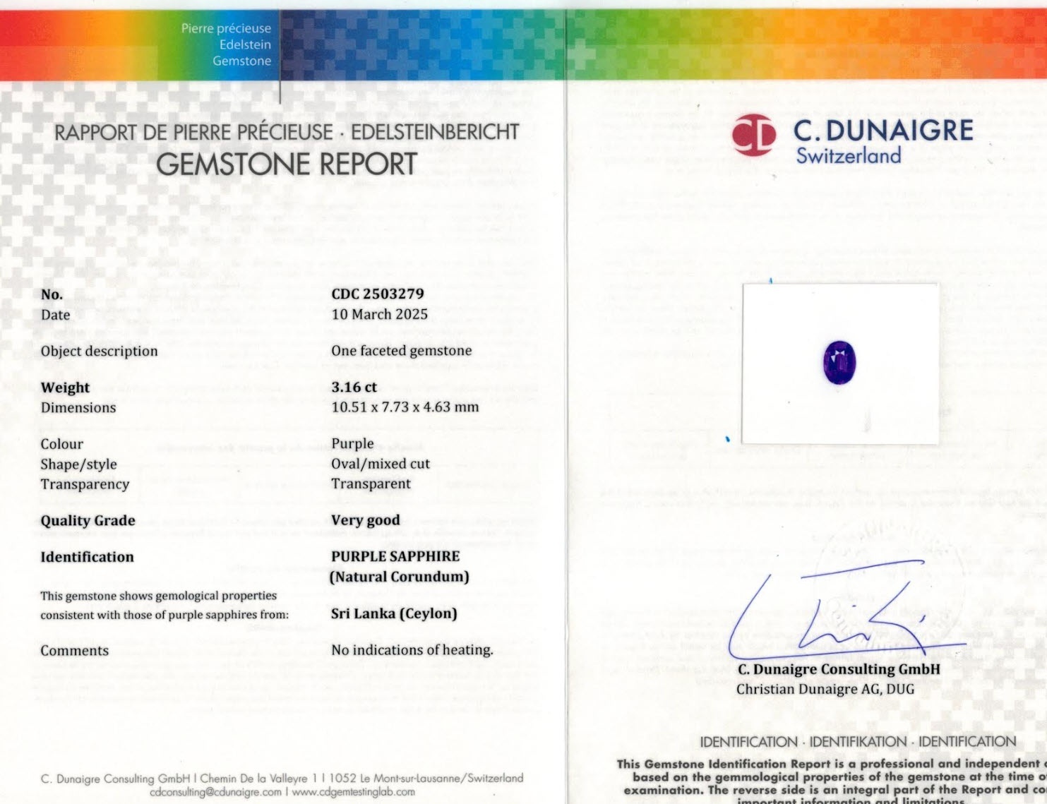 3.16 Ct. Purple Sapphire from Ceylon (Sri Lanka)