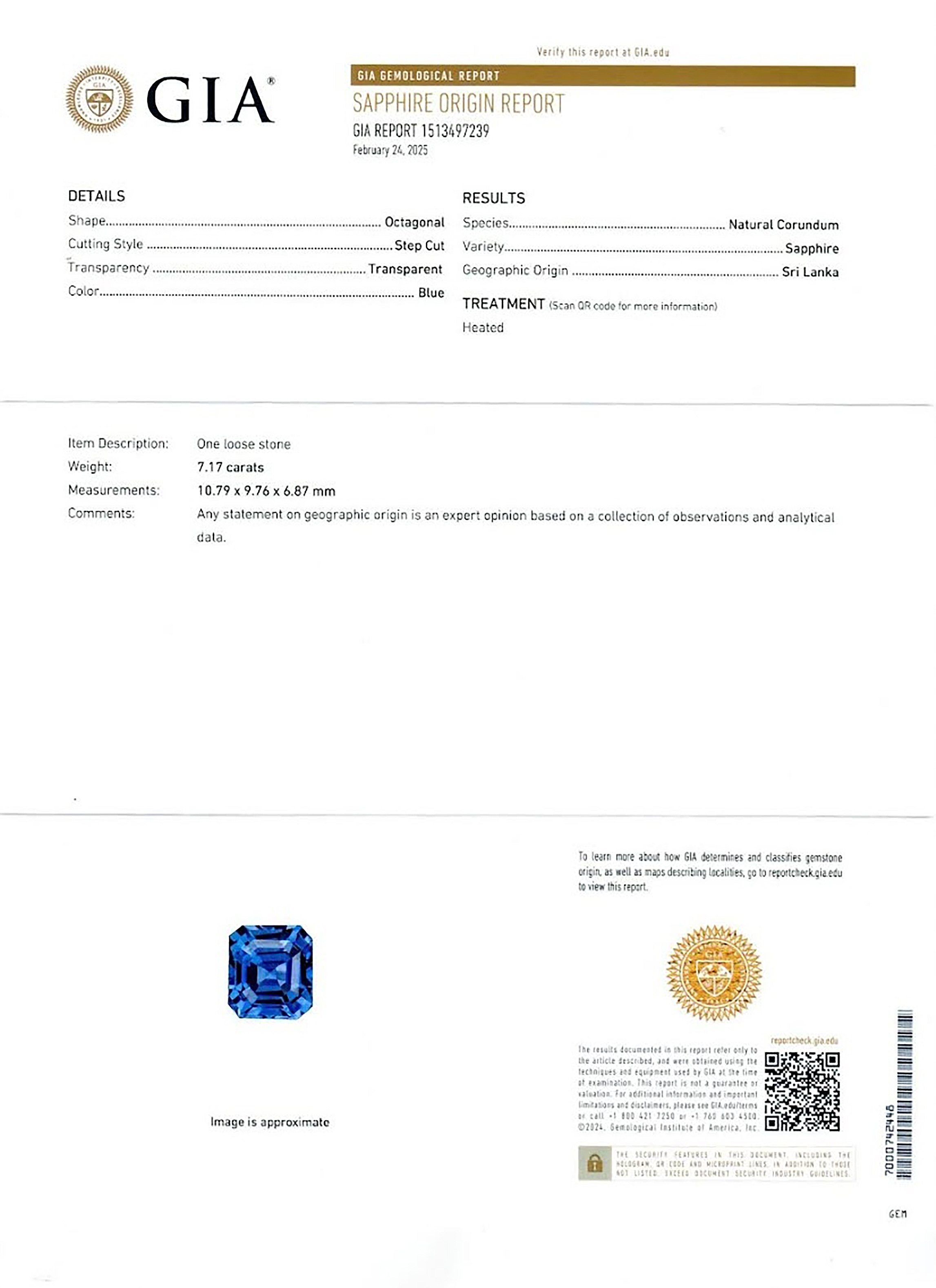 7.17 Ct. Blue Sapphire from Ceylon (Sri Lanka)