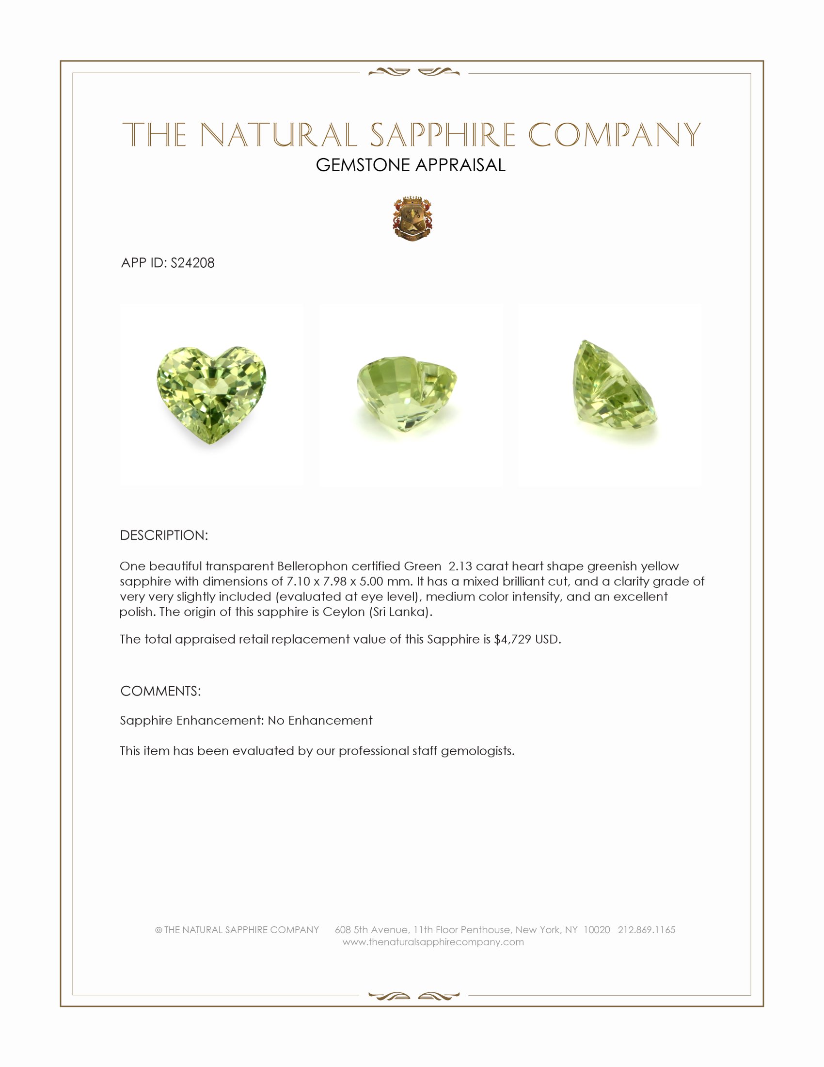 2.13 Ct. Greenish Yellow Sapphire from Ceylon (Sri Lanka)