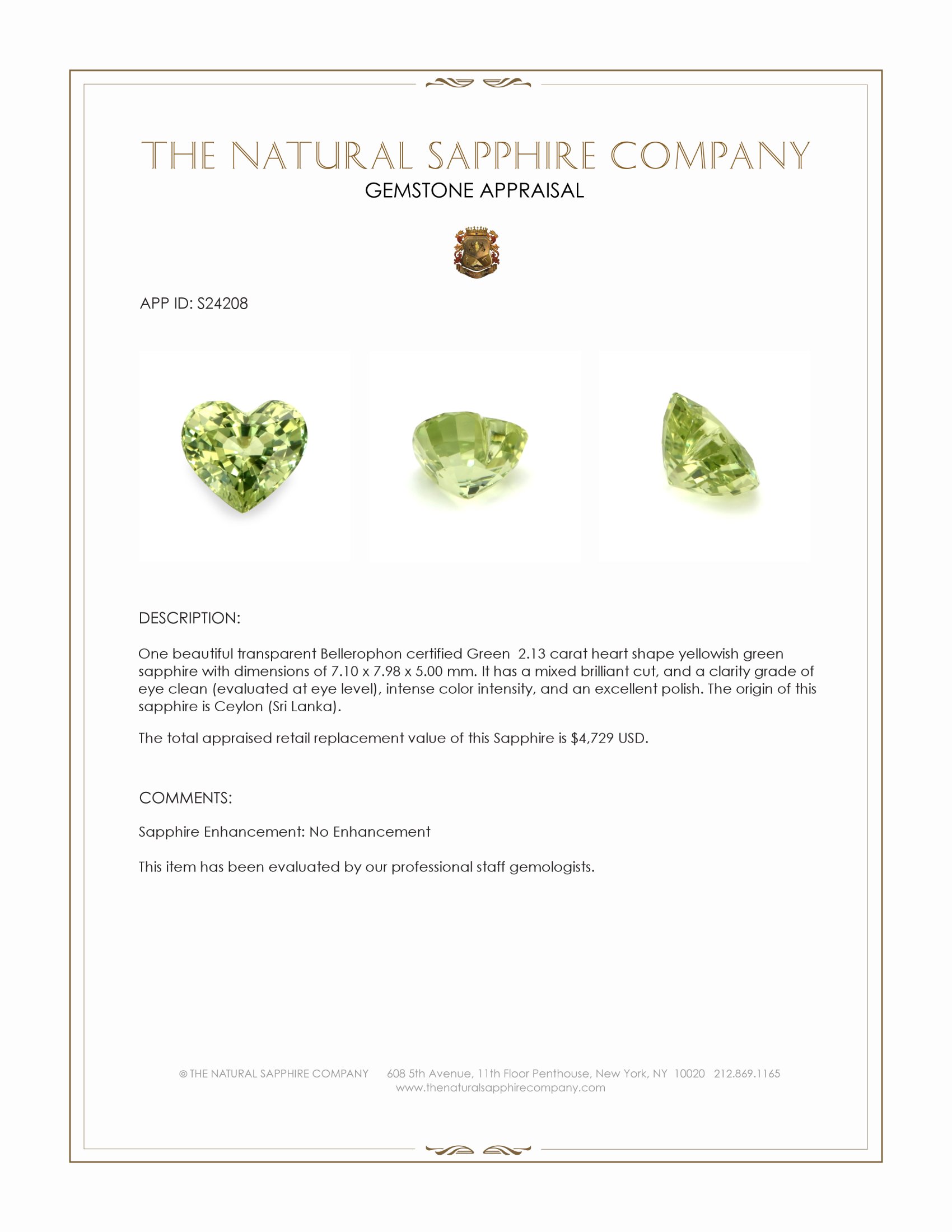 2.13 Ct. Yellowish Green Sapphire from Ceylon (Sri Lanka)
