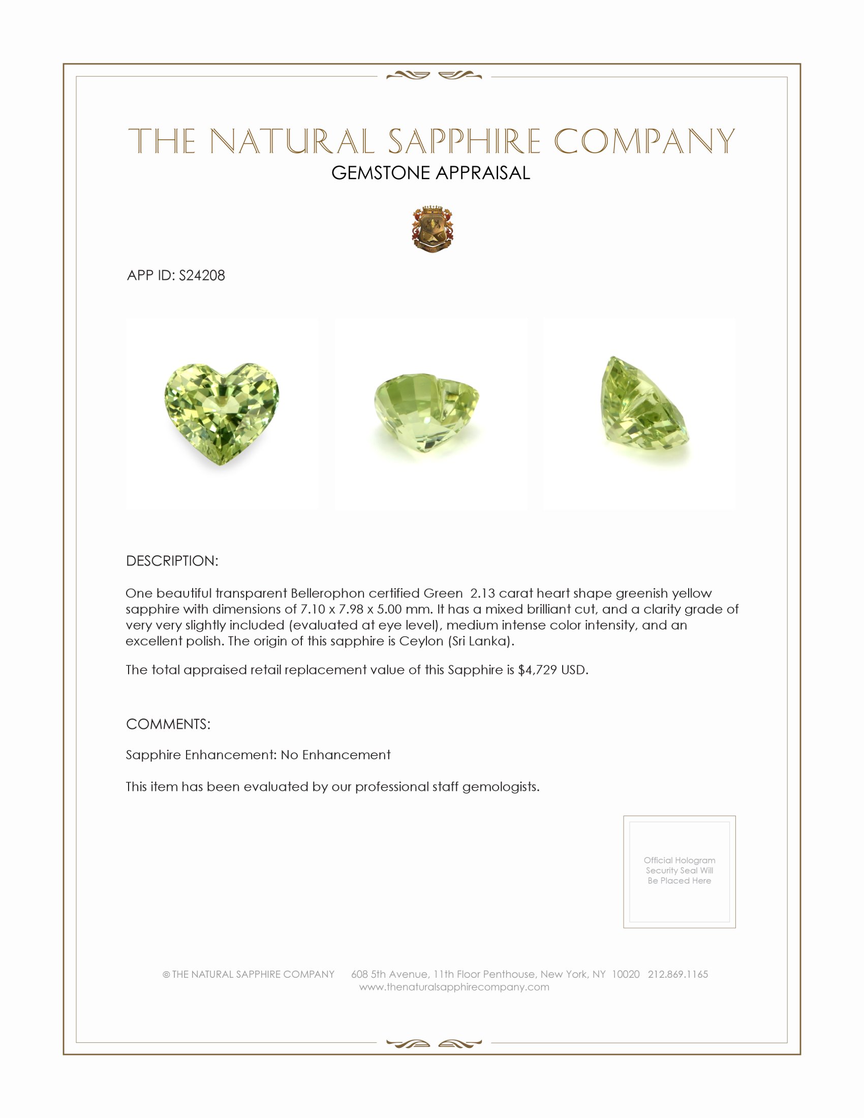 2.13 Ct. Greenish Yellow Sapphire from Ceylon (Sri Lanka)