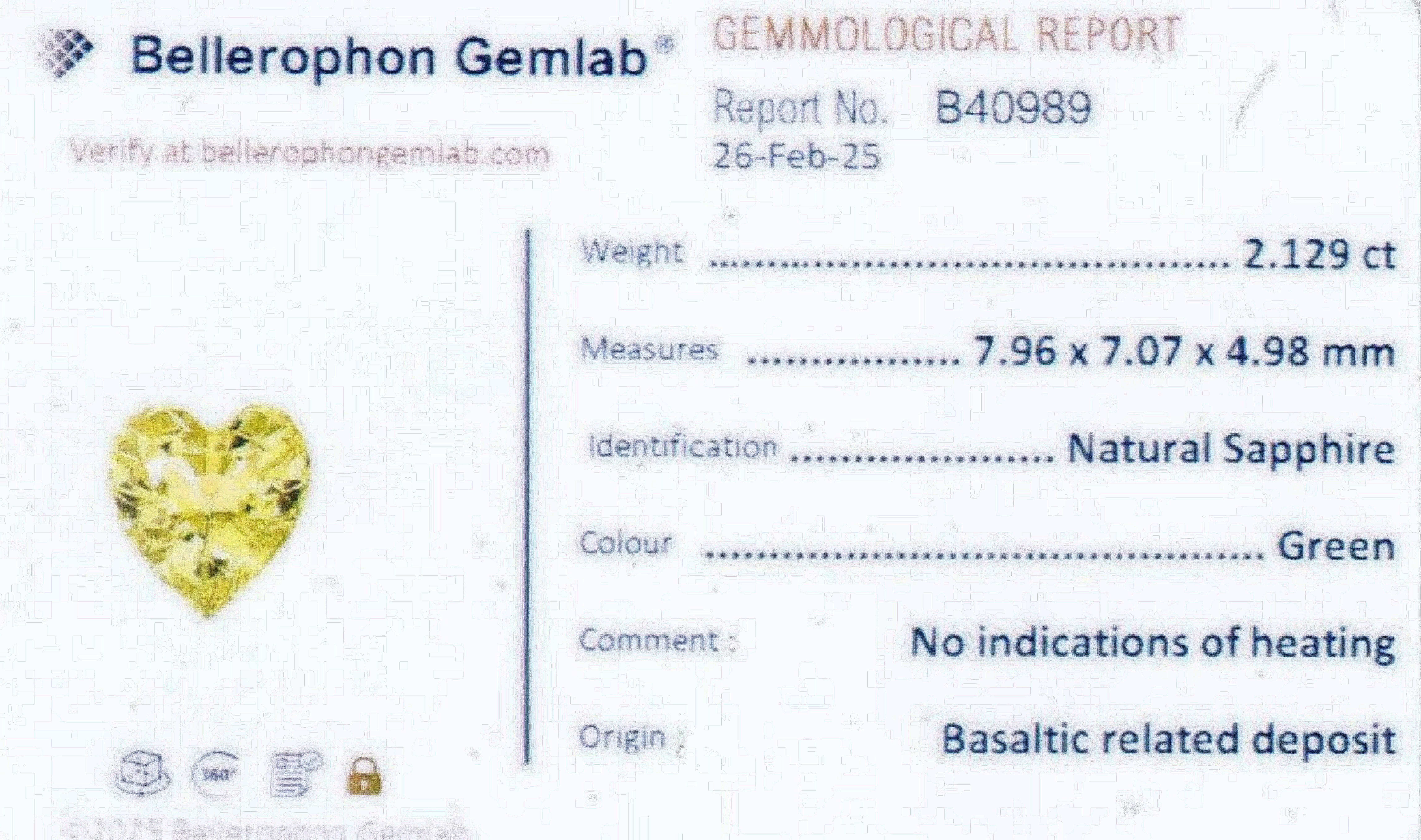 2.13 Ct. Greenish Yellow Sapphire from Ceylon (Sri Lanka)