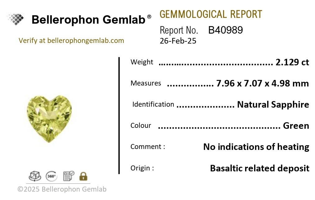 2.13 Ct. Greenish Yellow Sapphire from Ceylon (Sri Lanka)