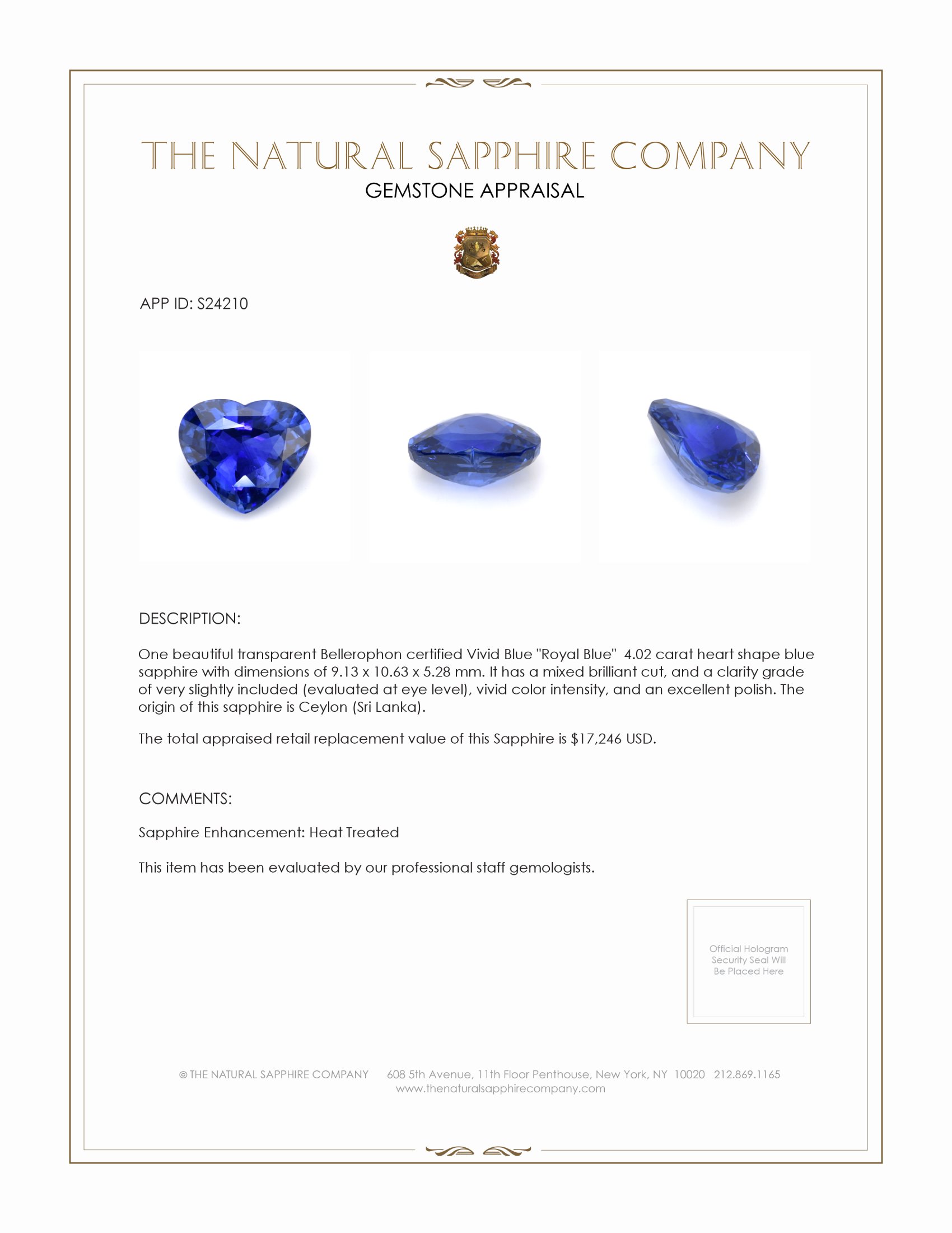 4.02 Ct. Blue Sapphire from Ceylon (Sri Lanka)
