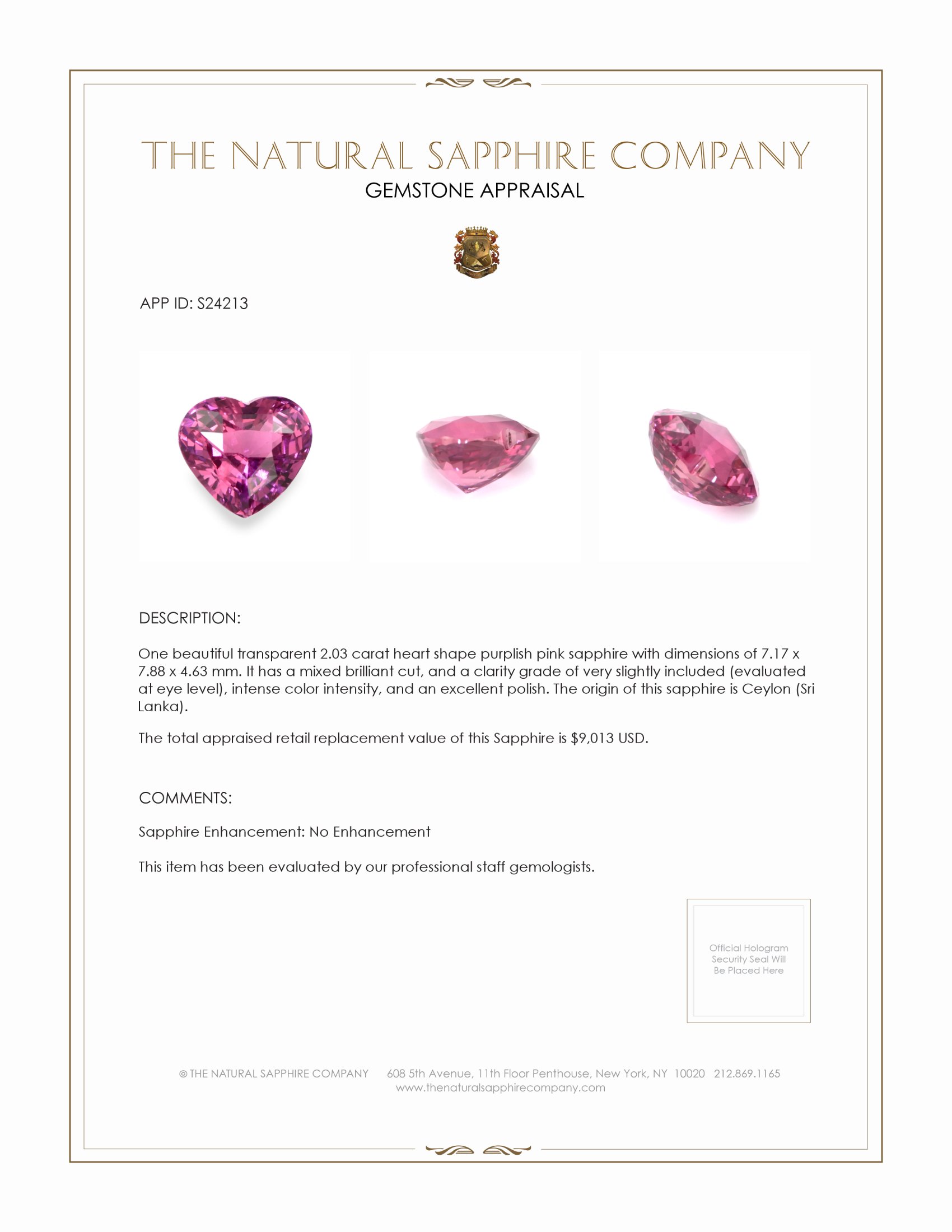 2.03 Ct. Purplish Pink Sapphire from Ceylon (Sri Lanka)
