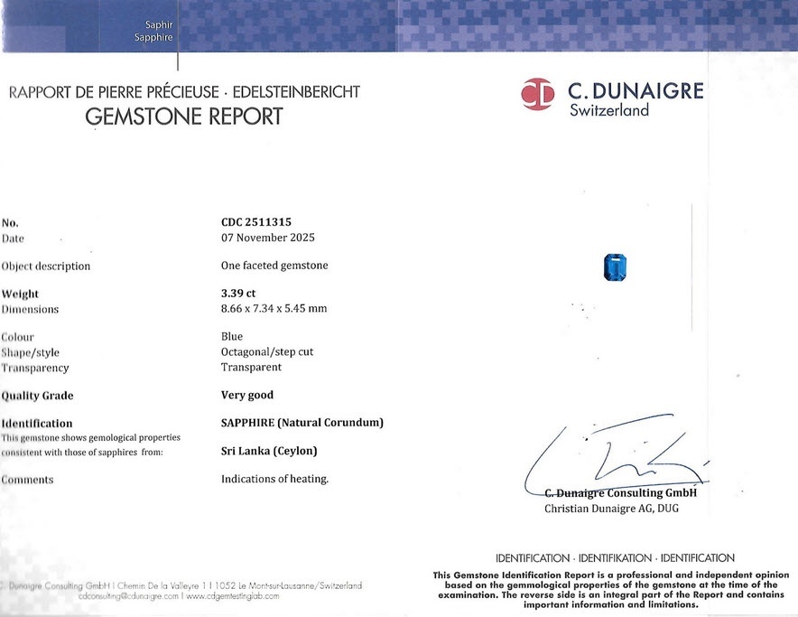 3.39 Ct. Blue Sapphire from Ceylon (Sri Lanka)