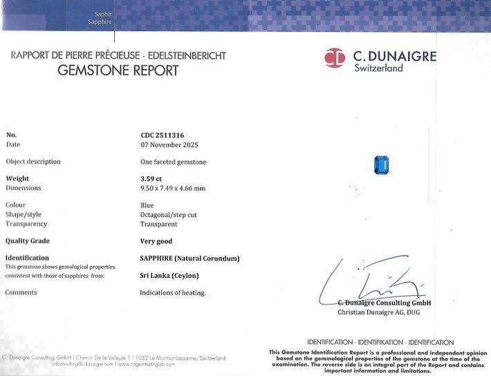 3.59 Ct. Blue Sapphire from Ceylon (Sri Lanka)
