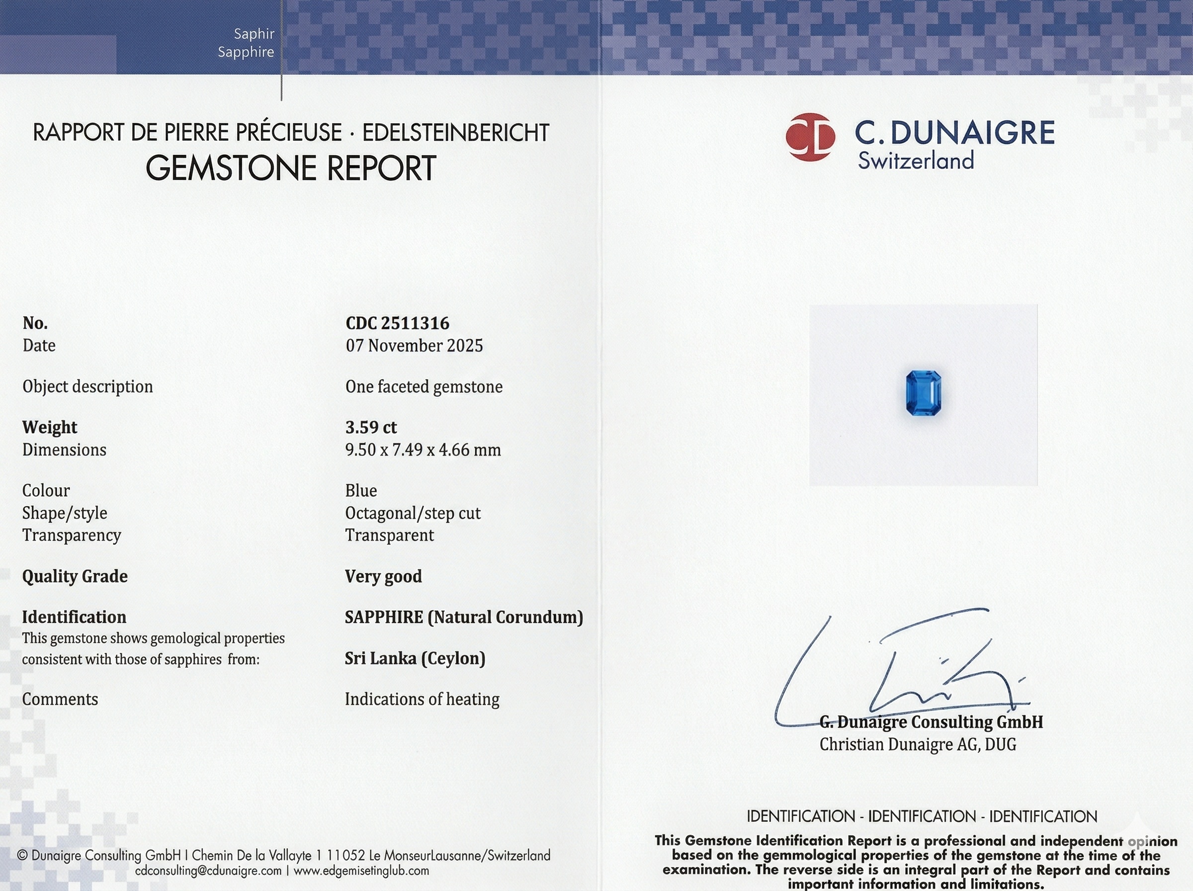 3.59 Ct. Blue Sapphire from Ceylon (Sri Lanka)