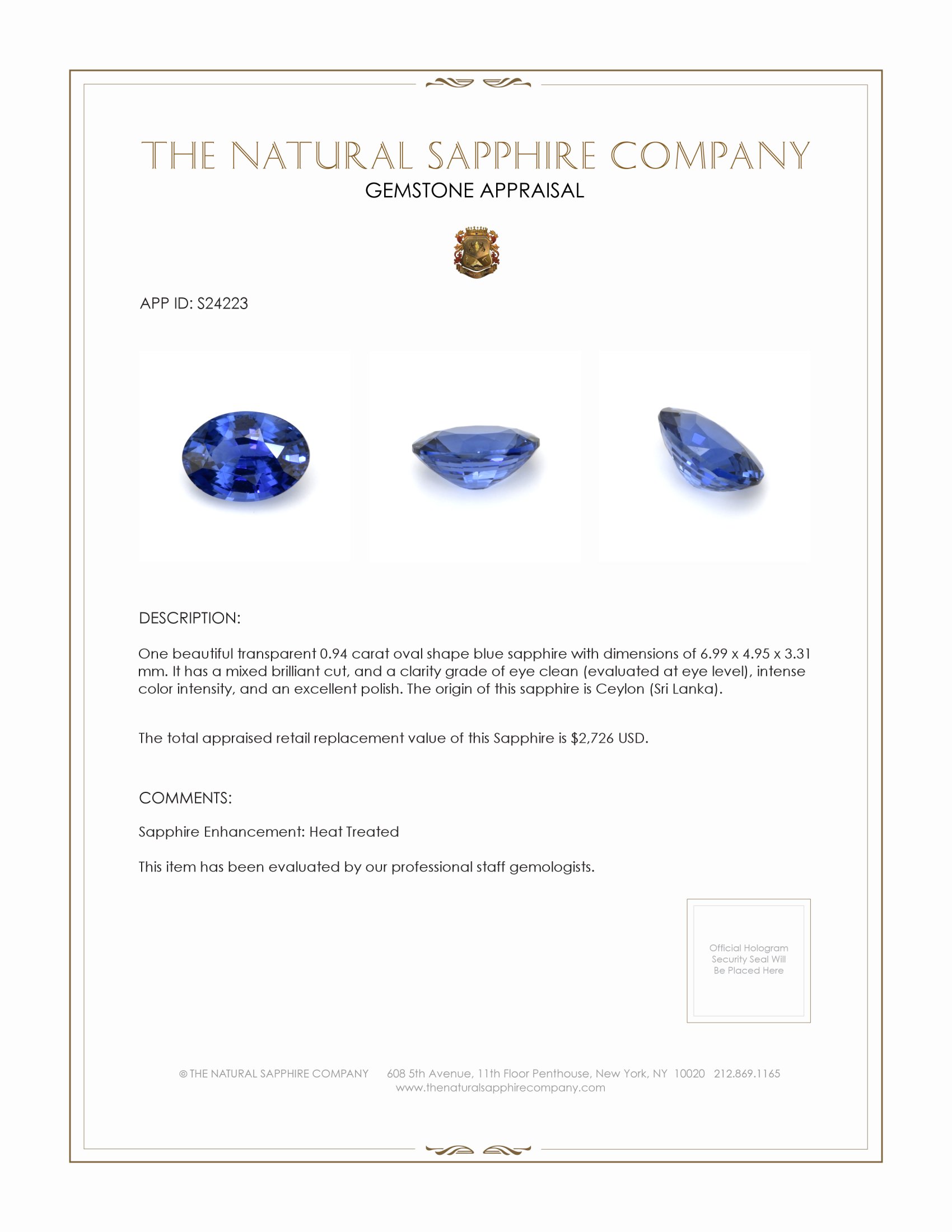 0.94 Ct. Blue Sapphire from Ceylon (Sri Lanka)