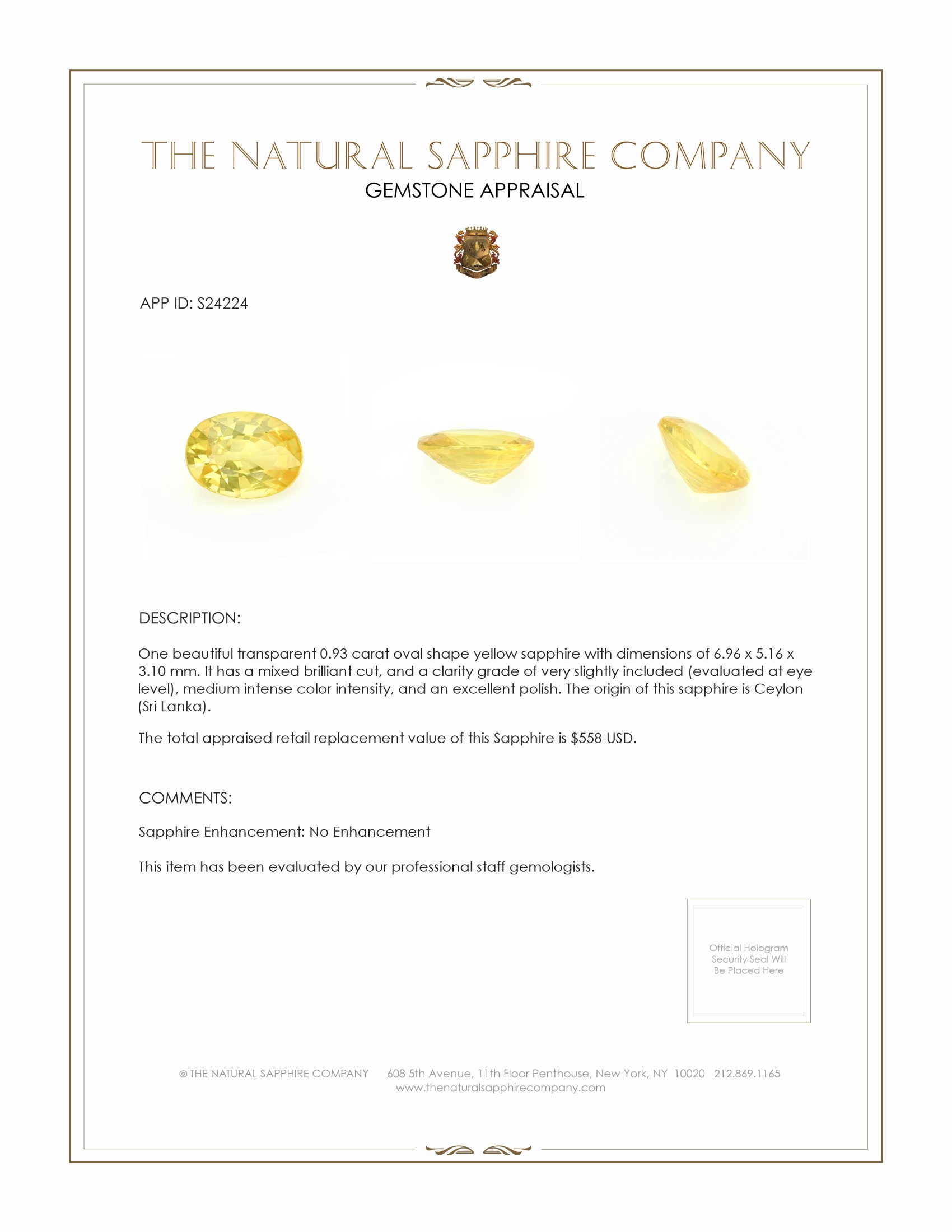 0.93 Ct. Yellow Sapphire from Ceylon (Sri Lanka)