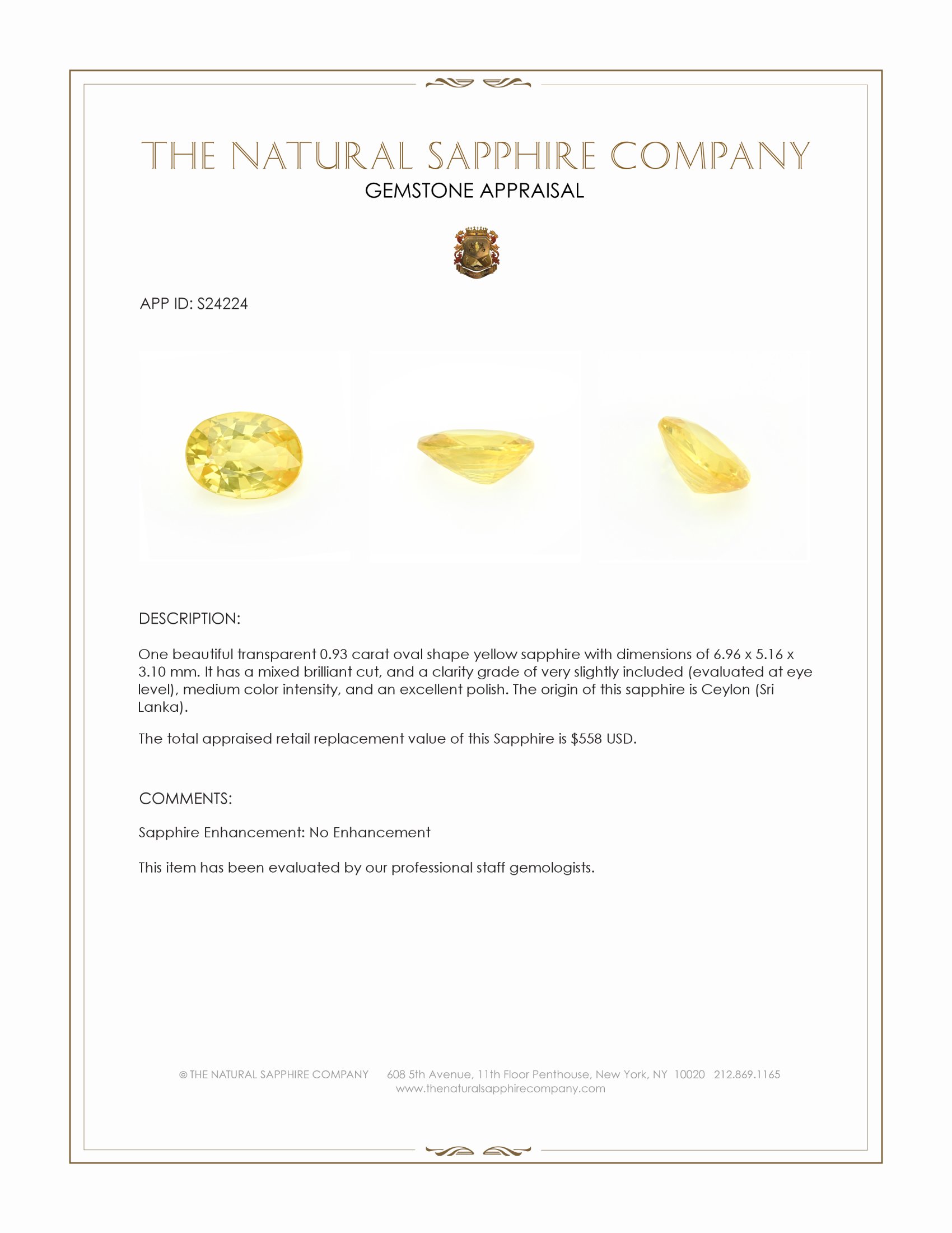 0.93 Ct. Yellow Sapphire from Ceylon (Sri Lanka)