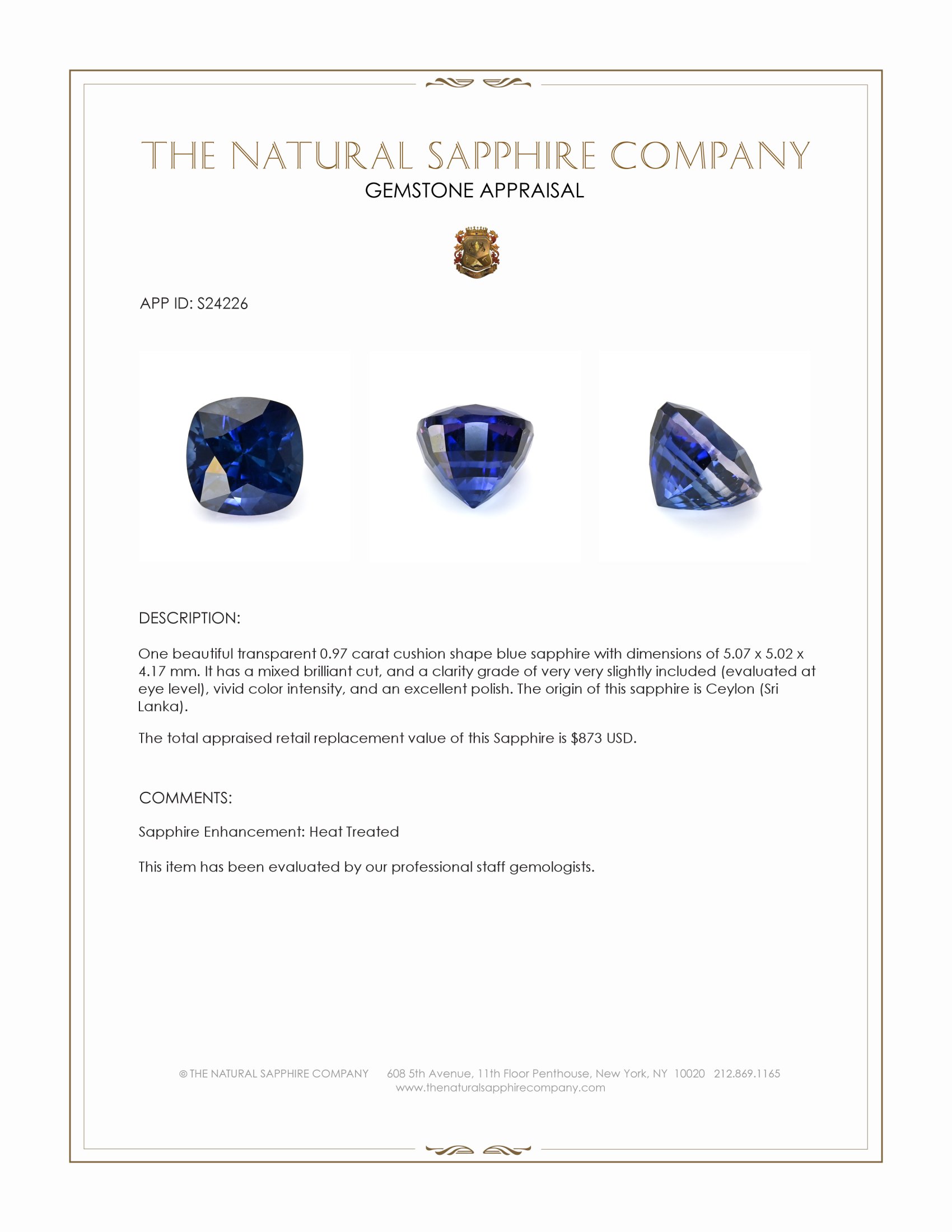 0.97 Ct. Blue Sapphire from Ceylon (Sri Lanka)