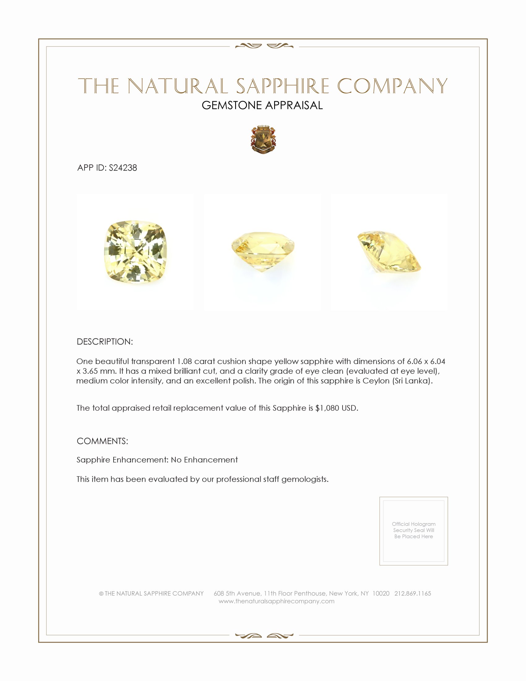 1.08 Ct. Yellow Sapphire from Ceylon (Sri Lanka)
