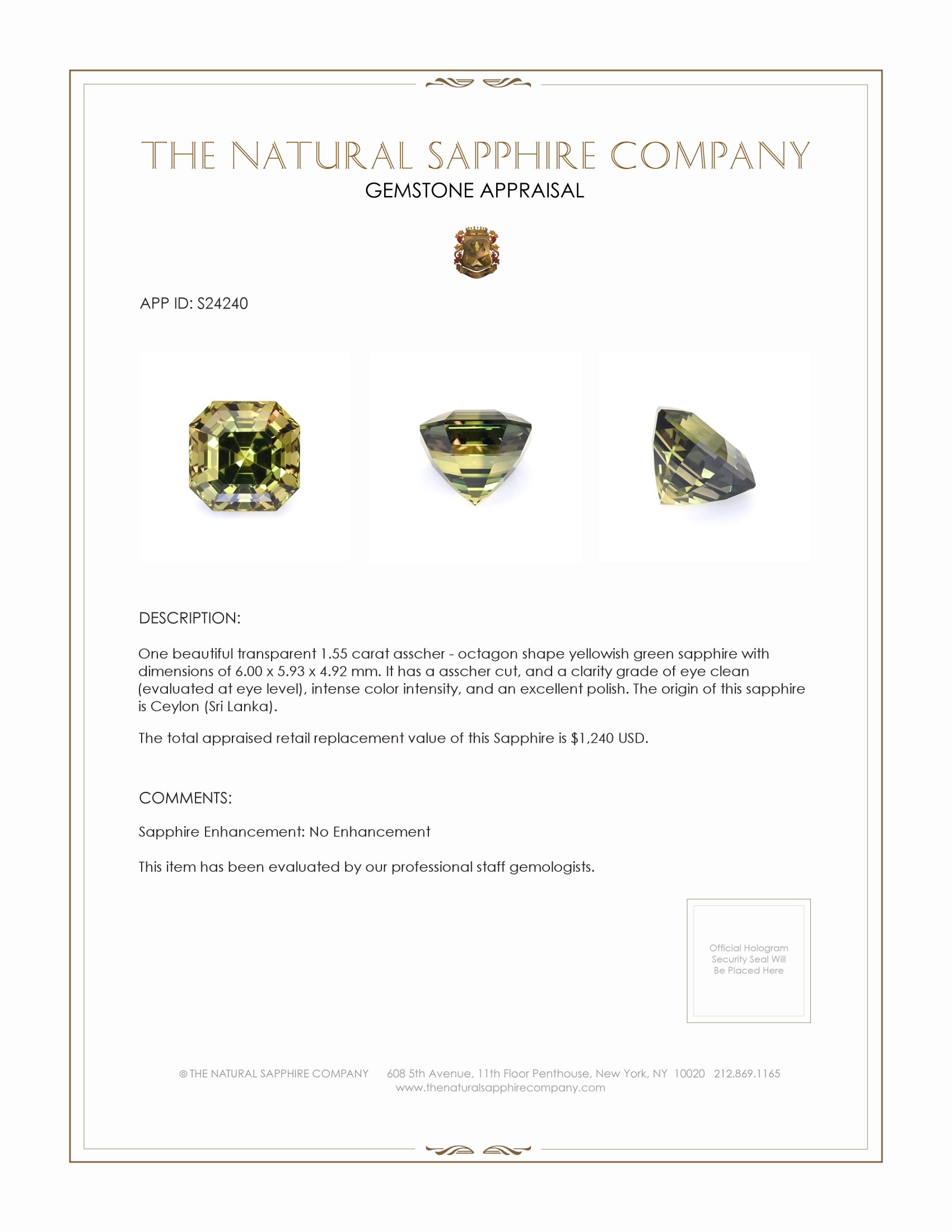 1.55 Ct. Yellowish Green Sapphire from Ceylon (Sri Lanka)