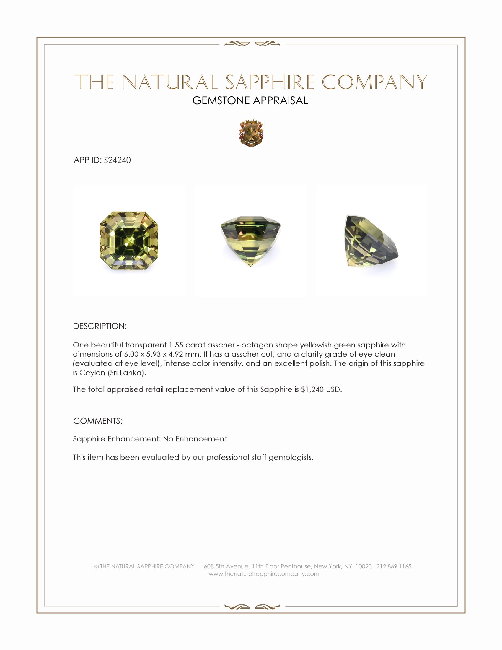1.55 Ct. Yellowish Green Sapphire from Ceylon (Sri Lanka)