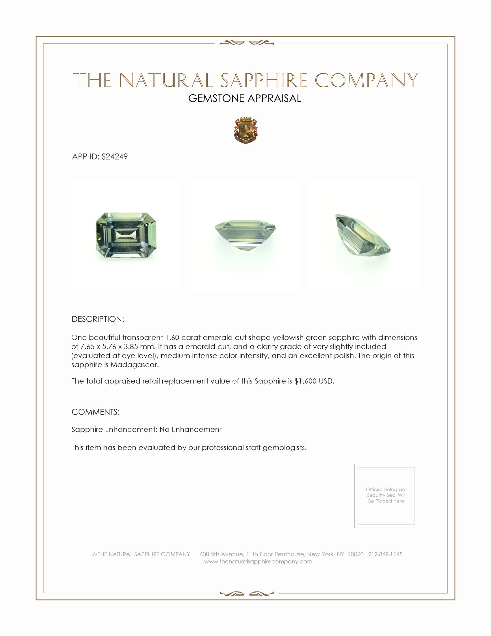 1.60 Ct. Yellowish Green Sapphire from Madagascar