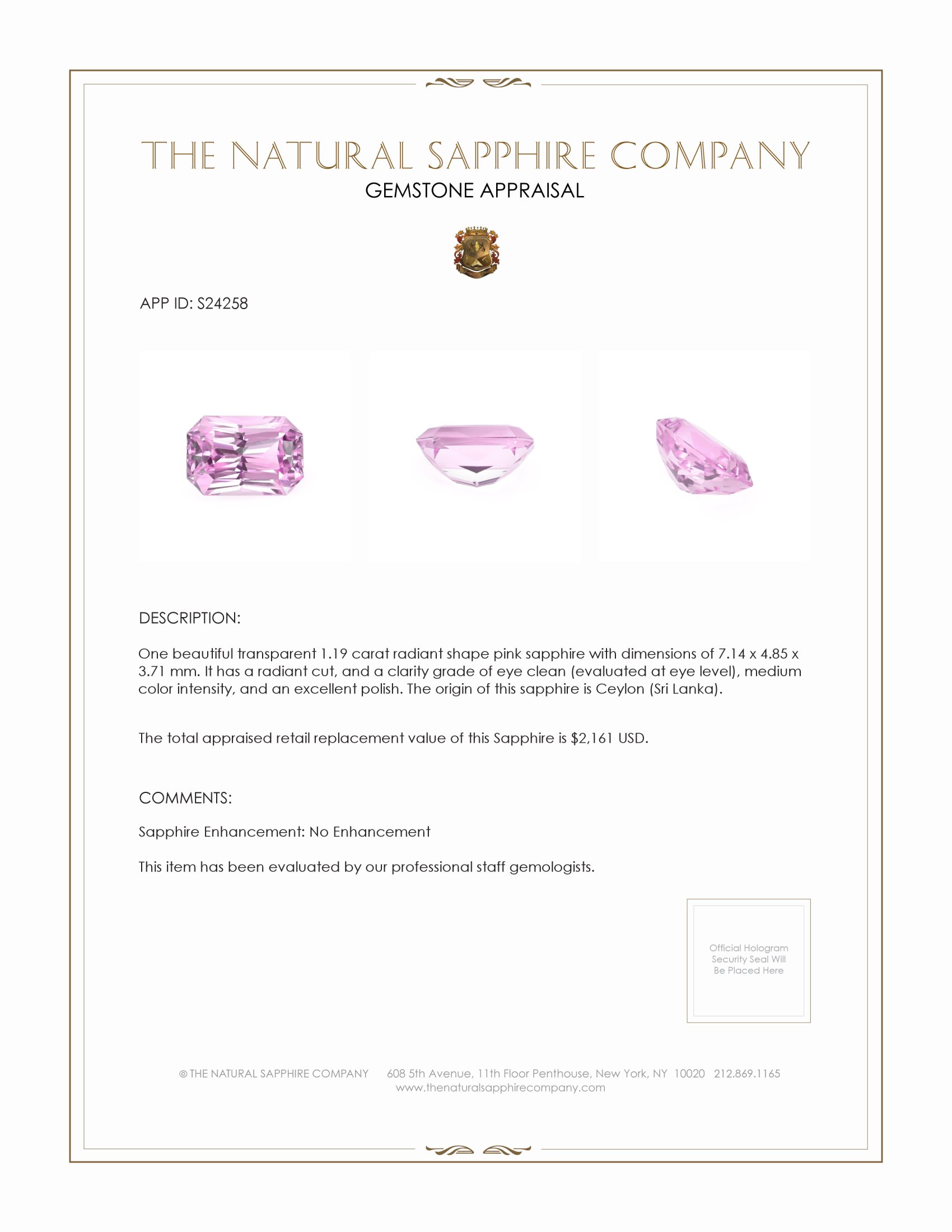 1.19 Ct. Pink Sapphire from Ceylon (Sri Lanka)