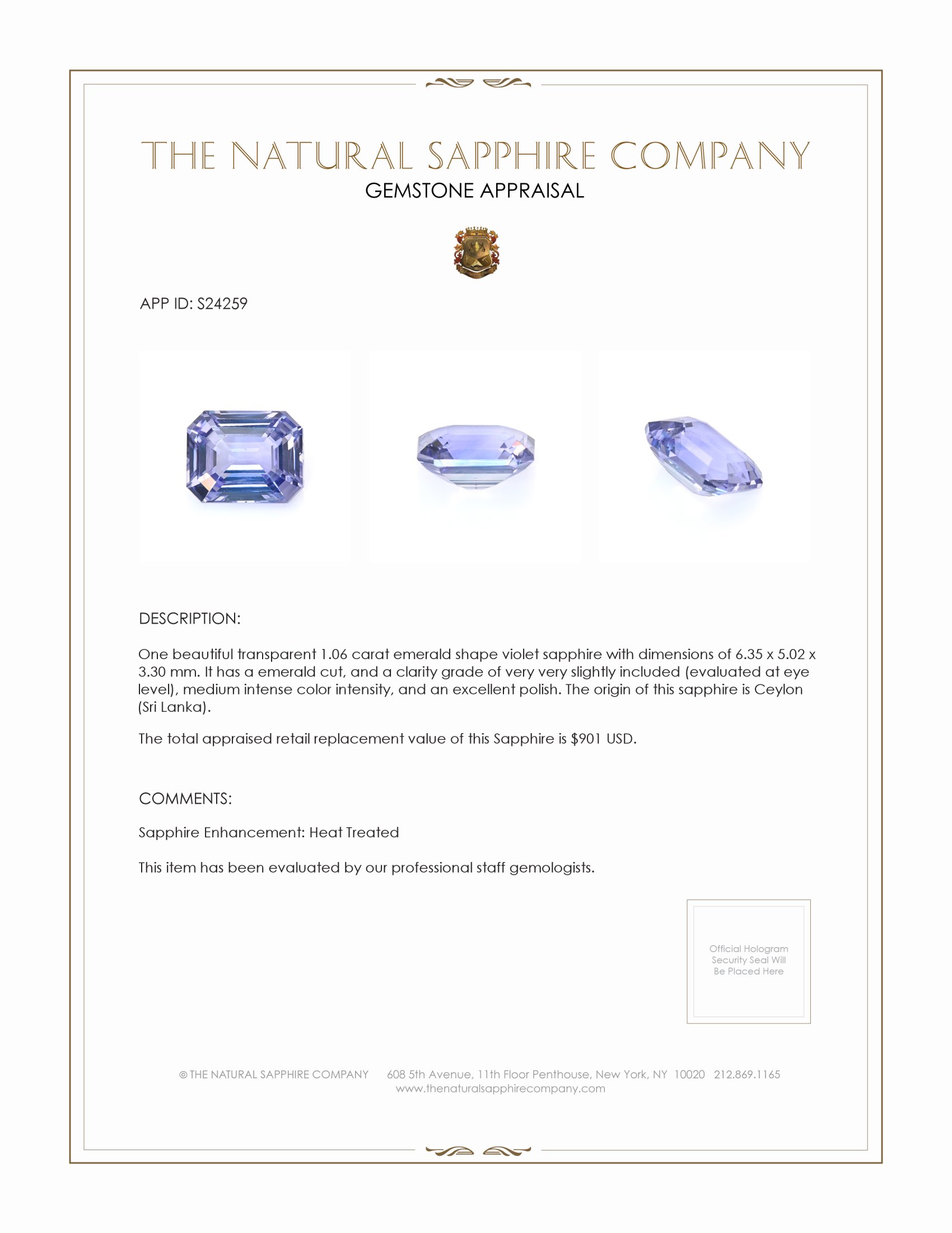 1.06 Ct. Violet Sapphire from Ceylon (Sri Lanka)