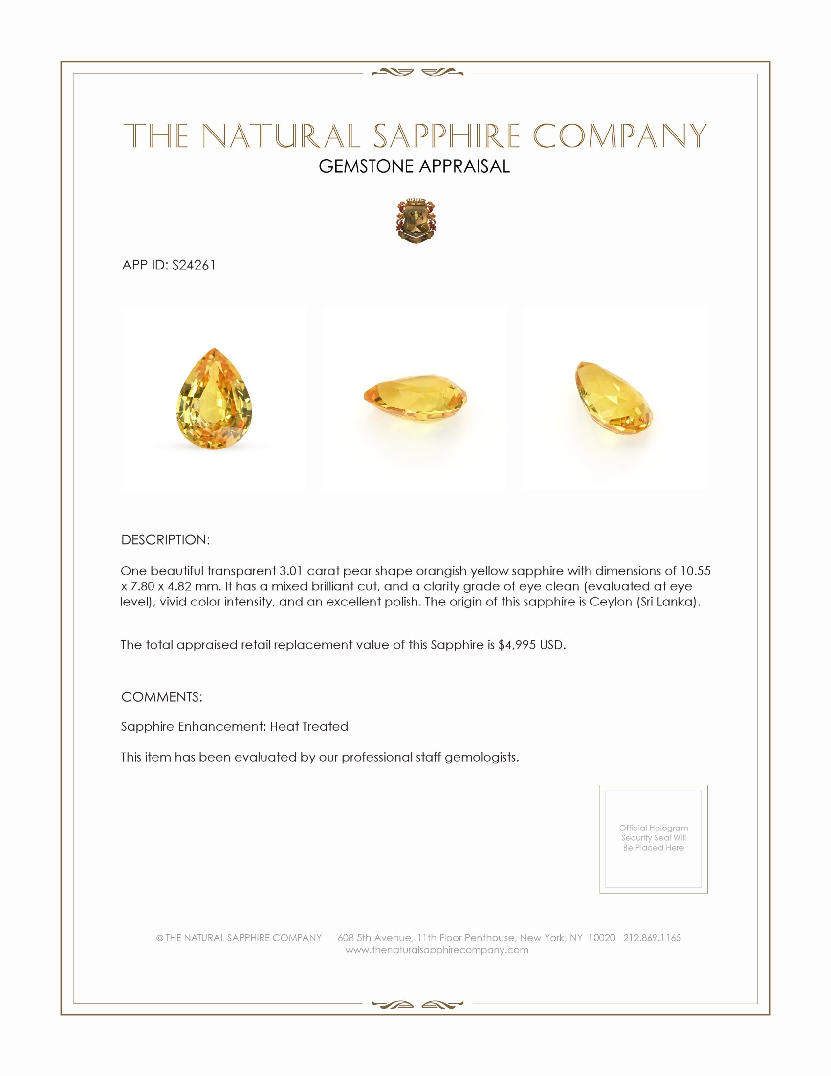 3.01 Ct. Orangish Yellow Sapphire from Ceylon (Sri Lanka)