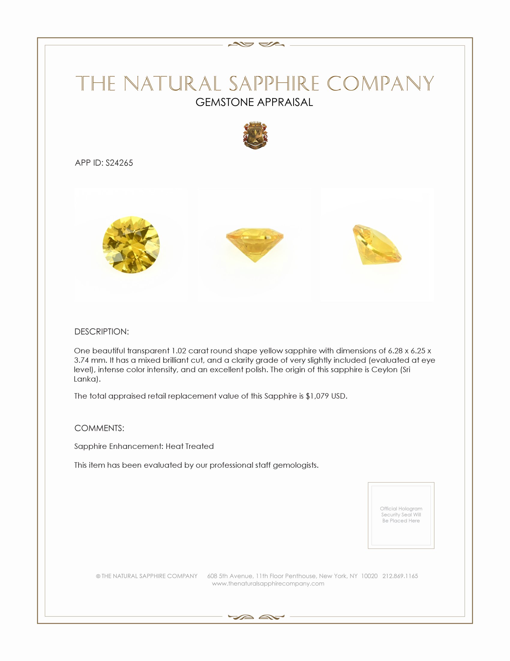 1.02 Ct. Yellow Sapphire from Ceylon (Sri Lanka)
