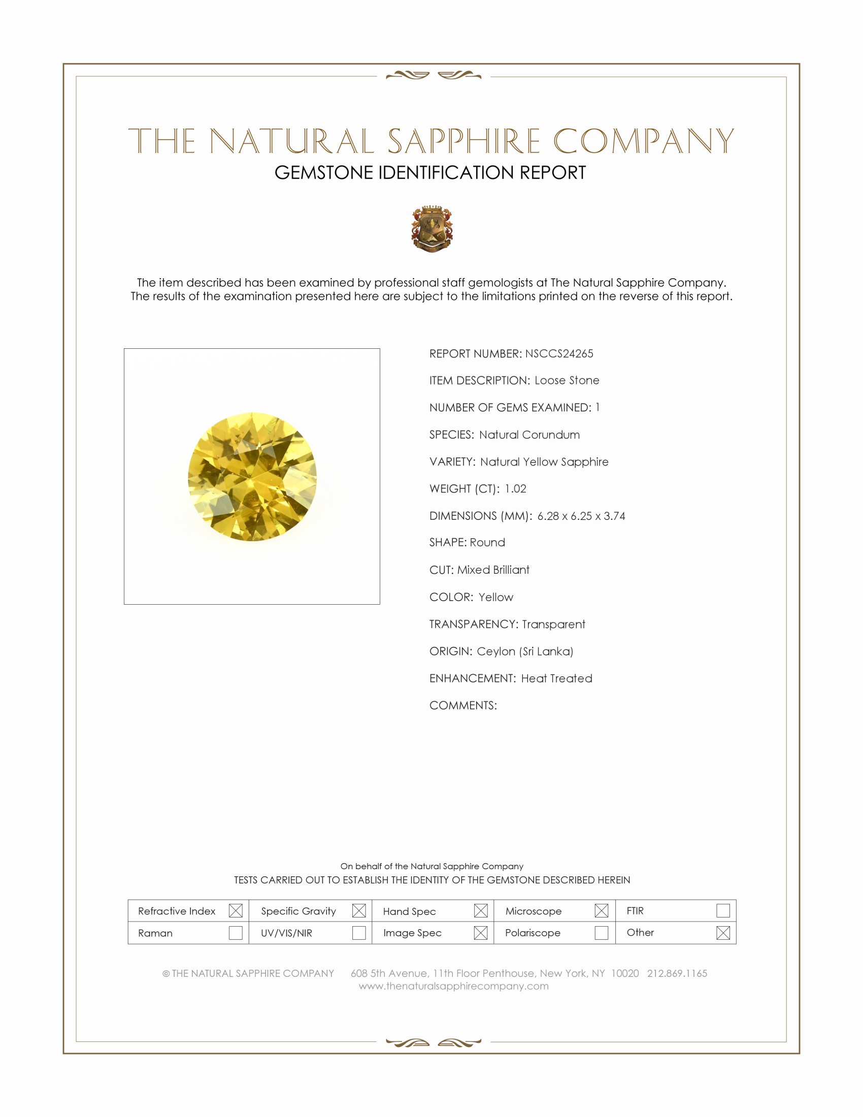 1.02 Ct. Yellow Sapphire from Ceylon (Sri Lanka)