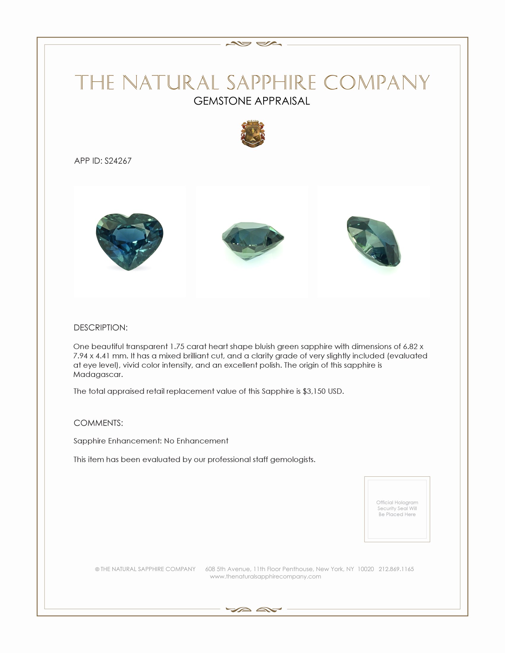 1.75 Ct. Bluish Green Sapphire from Madagascar